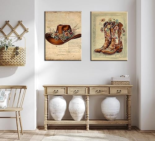 Miniatura 5 de Arte de pared vintage de vaquera occidental con diseño floral retro, botas occidentales, sombrero, moño, pósteres rústicos de vaquera, impresiones
