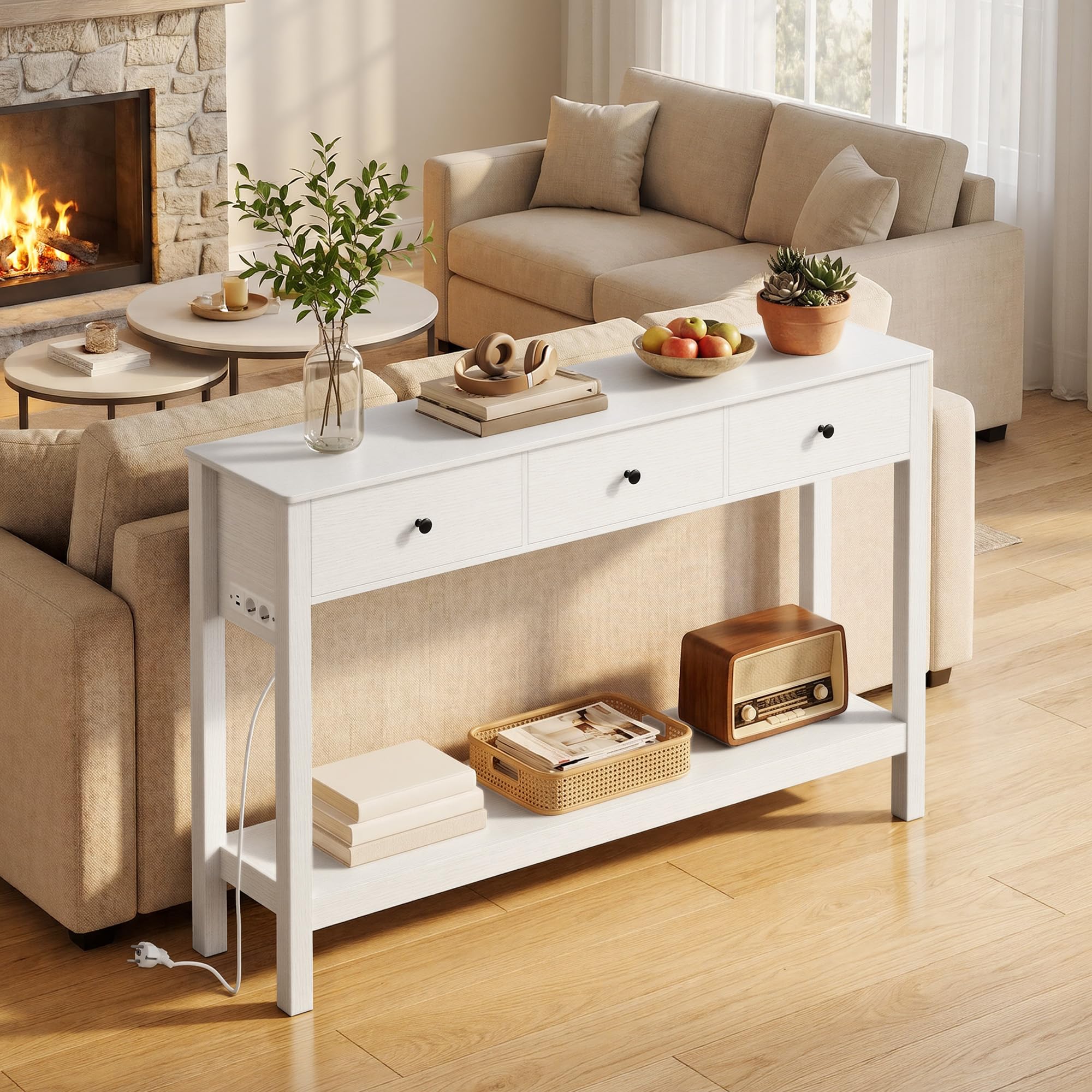 Xbro Schmaler Konsolentisch mit Steckdosenleiste, Flurtisch mit 3 Schubladen und Ablage, Beistelltisch mit USB-Anschlüssen, Sofatisch für Flur, Wohnzimmer, Küche, 130 x 30 x 80 cm, Weiß