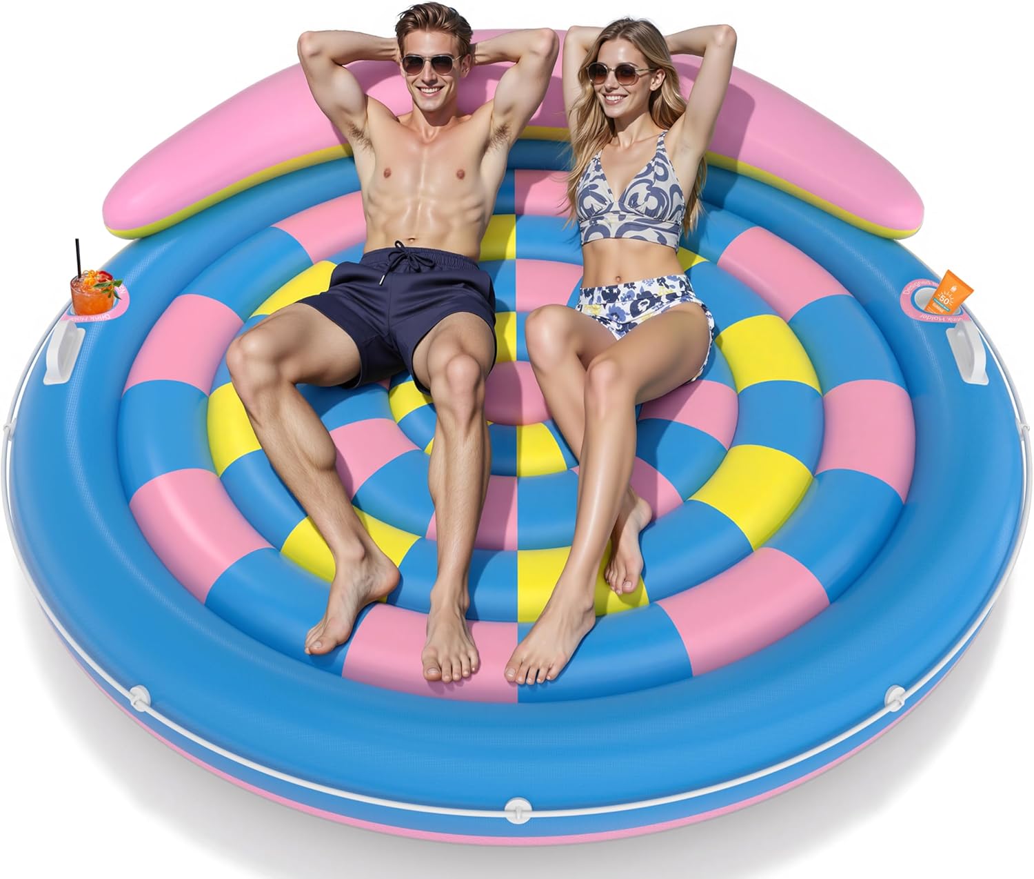 JOSEN Pool Floats Adult, Inflatable Tanning Pool - Extra Large Pool Floats for Adults Heavy Duty, Round Pool Rafts, River Lake Floaties Water Floats with Cup Holders