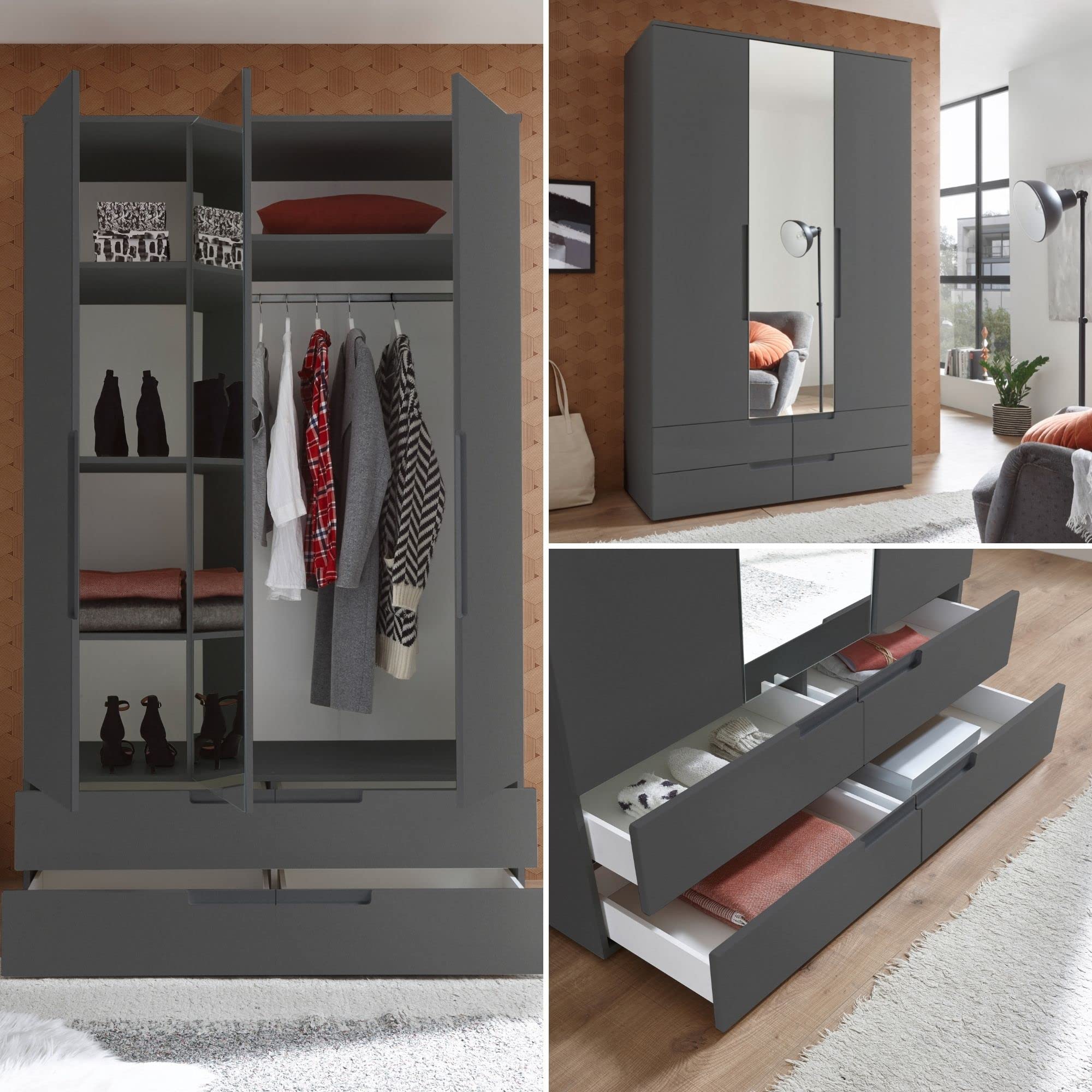 SPICE Eleganter Kleiderschrank mit viel Stauraum & Spiegeltür - Vielseitiger Drehtürenschrank in Graphit matt - 126 x 208 x 57 cm (B/H/T)
