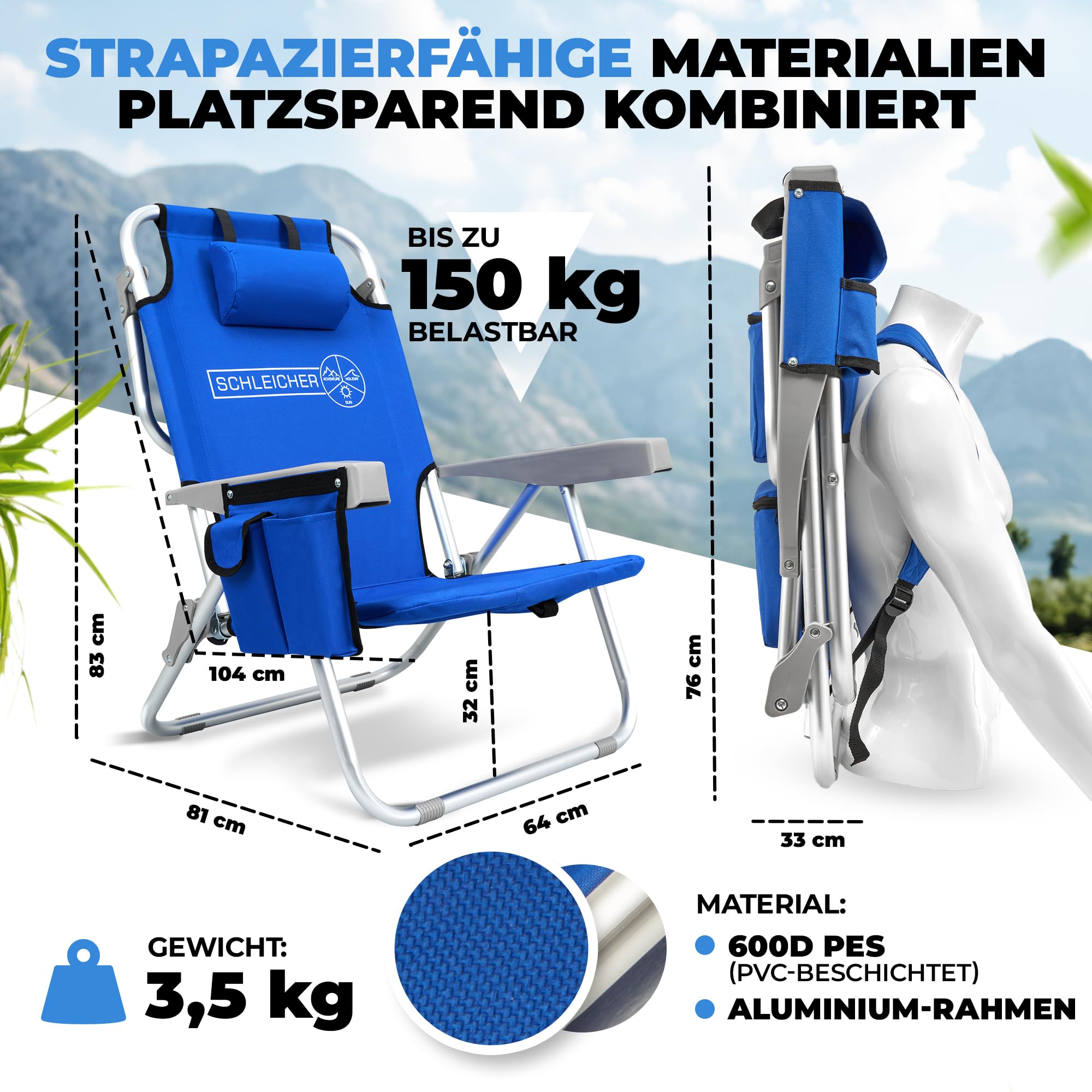 Schleicher 4-in-1 Strandstuhl & Campingstuhl – Ultraleicht mit Rucksackfunktion, Kühlfach & Kissen – Belastbar bis 150kg – Faltbarer Outdoorstuhl für Strand & Reise – Ocean Blue