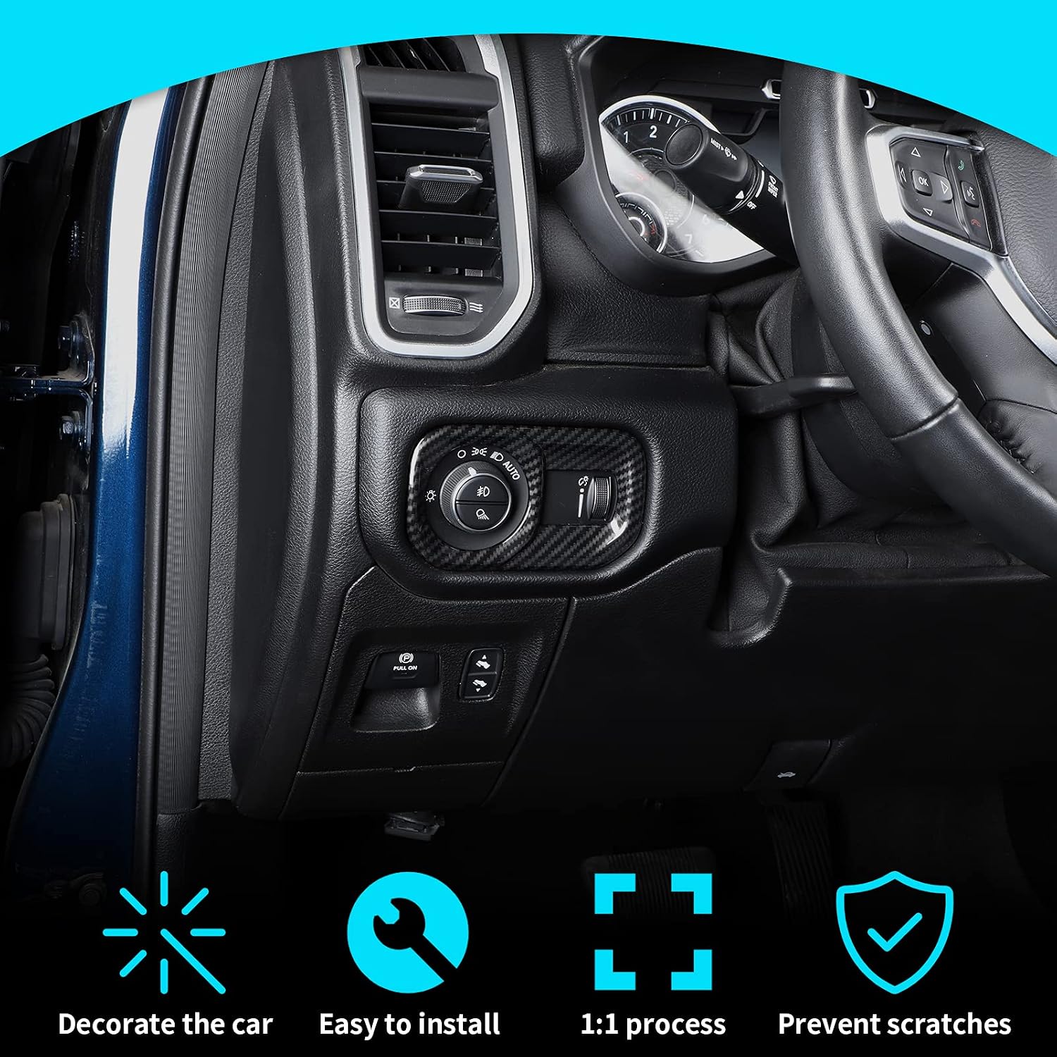 JeCar Headlight Switch Button Cover Trim for 2018-2023 Dodge RAM 1500 Carbon Fiber Interior Accessories