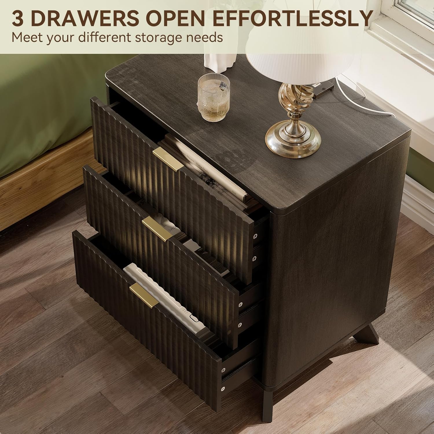 30" Tall Fluted NightStand，Modern Side Table with with Charging Station, 3 Drawers End Table w/Storage,Night Stand Wood Bedside Tables for Bedroom, Curved Profile Design, Black