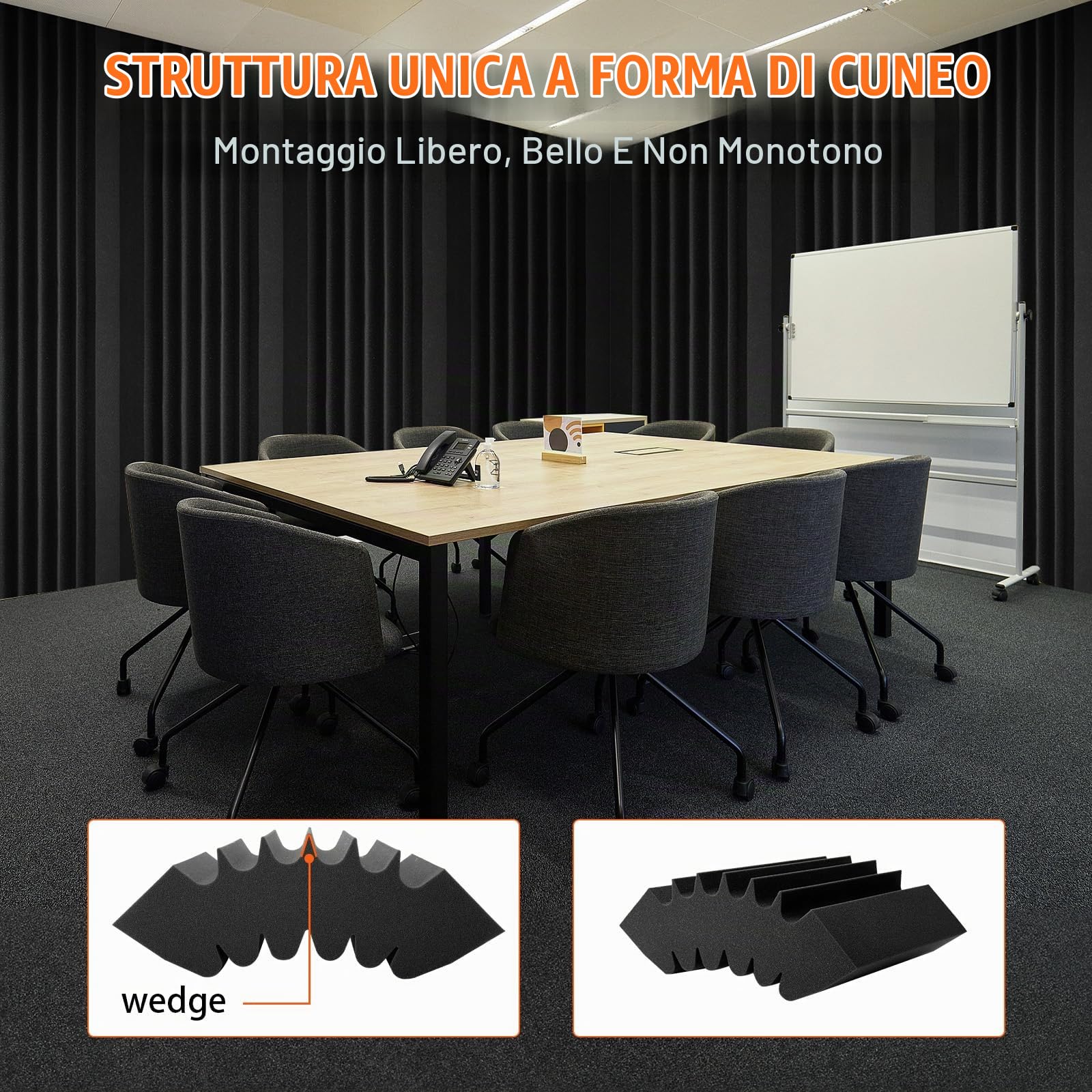 VEVOR Pannelli Acustici in Schiuma, 4 Pezzi 420 x 160 x 300 mm, Pannelli Acustici Adesivi ad Alta Densità, Pannello Acustico, Pannello Fonoassorbente per Pareti e Soffitti di Studi, Nero
