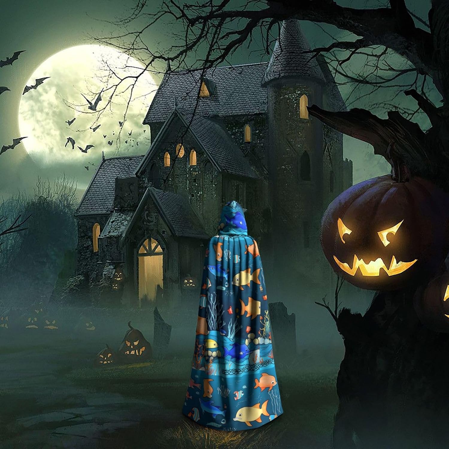 Blue Underwater World Of Fish Men Women Halloween Role Play Party Decoration Hooded Poncho