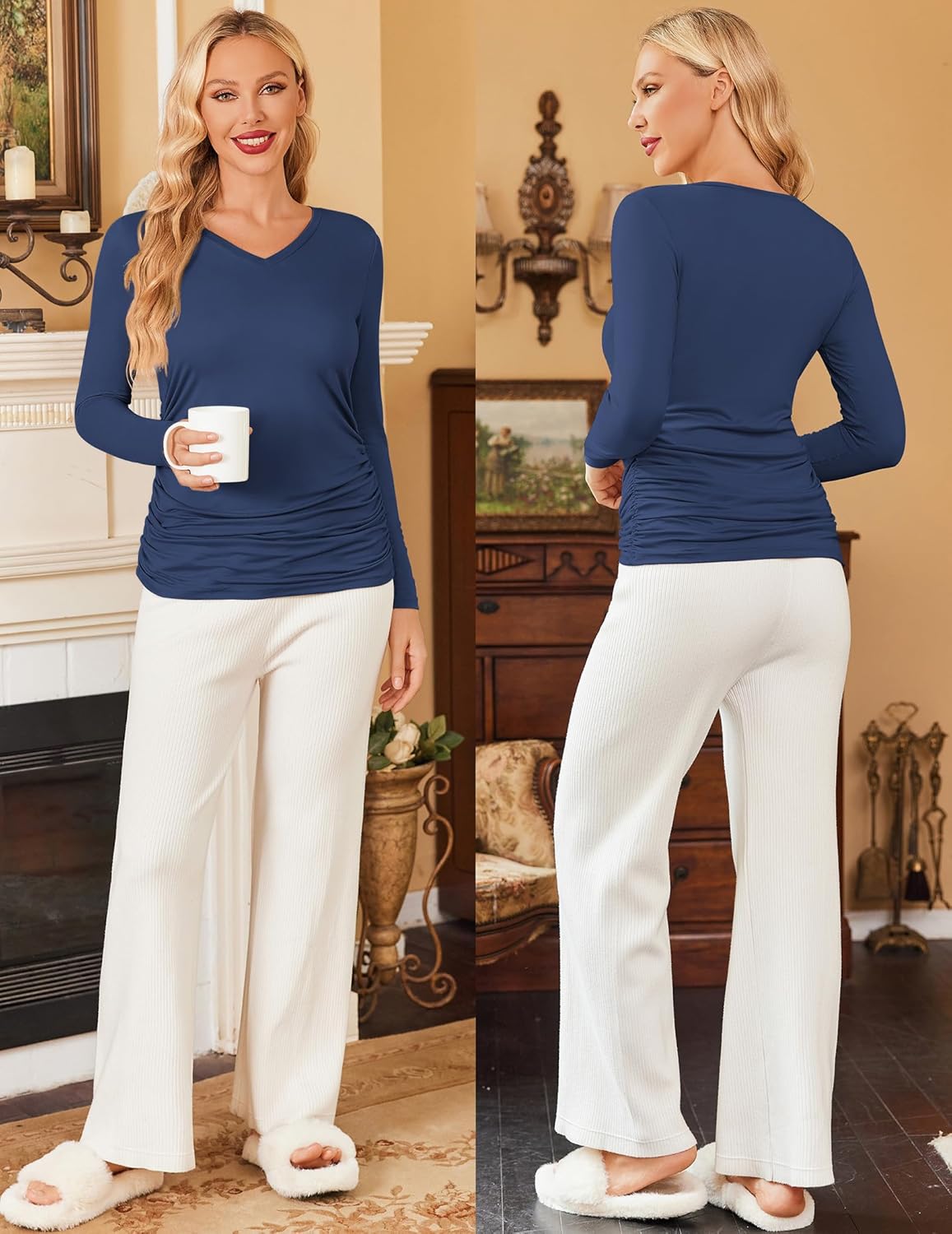 Ekouaer Womens Maternity Shirts Long Sleeve 4 Pack V Neck Side Ruched Pregnancy Tops Blouse Casual Mama Clothes S-XXL - Image 4