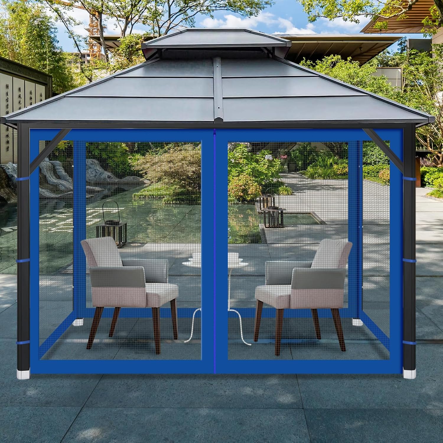 Gazebo Universal Replacement Mosquito Netting, Outdoor Mesh Netting Screen 4-Panel Sidewall with Zipper for Patio, Canopy, Garden and Backyard, Gray(Mosquito Net Only) (Blue, 8' x 8')