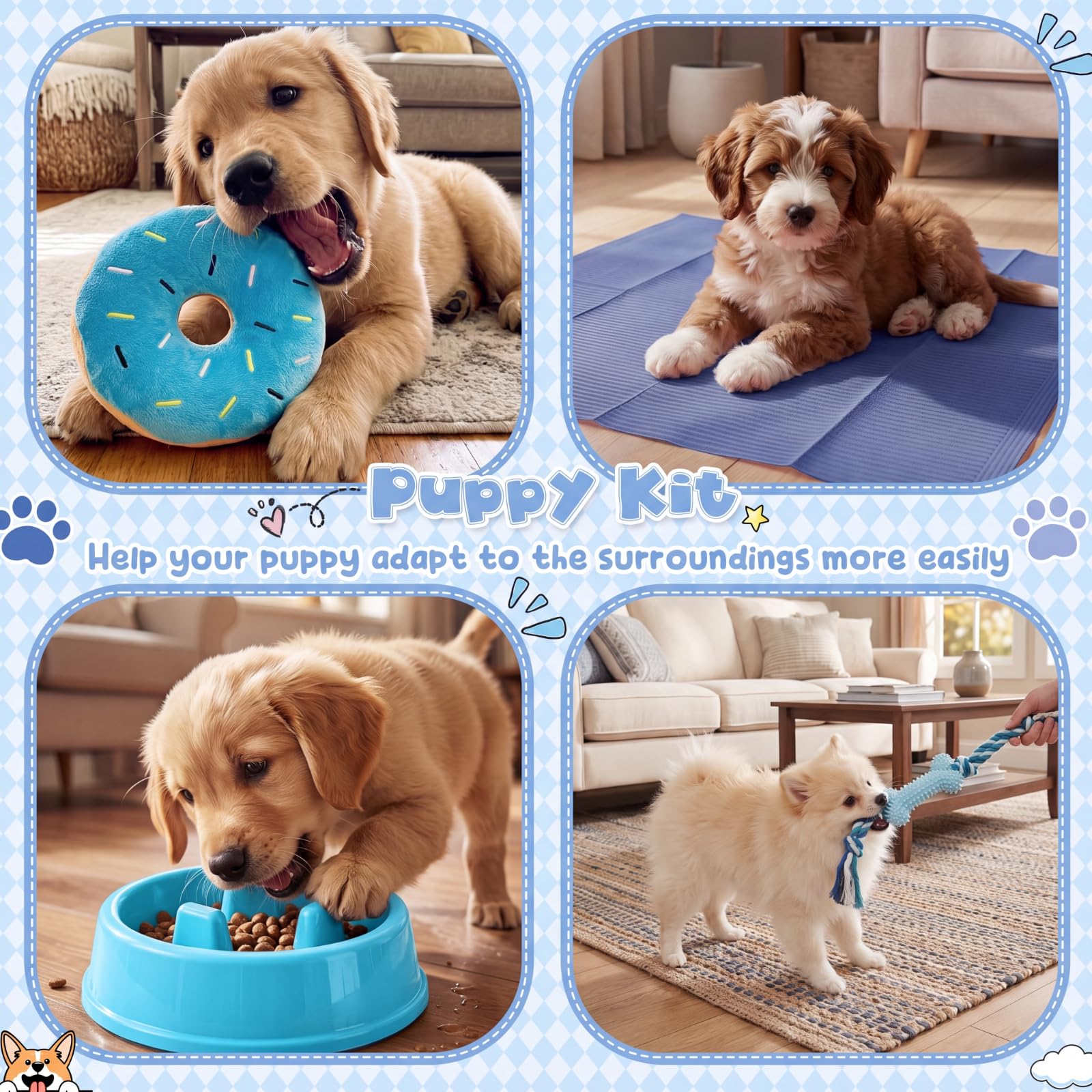 SmoothNovelty Kit de iniciación de 35 piezas para cachorros para perros pequeños, regalo esencial para cachorros, incluye jaula para perro, correa, cuencos, manta, juguete para masticar y más
