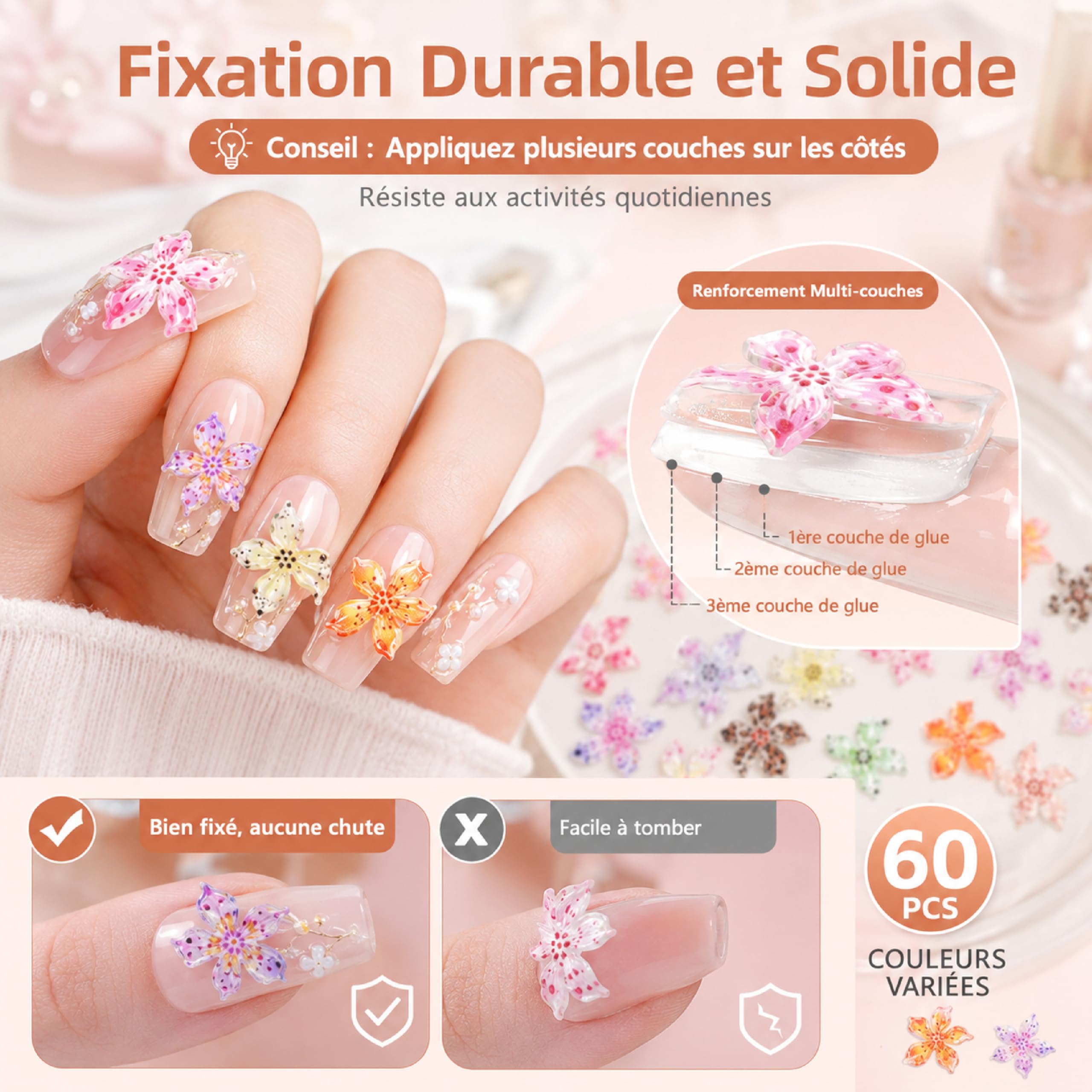 Zestaw 60 sztuk 3D Flower Charms, zawieszki do paznokci w kształcie kwiatów, ozdoby kwiatowe do paznokci, do dekoracji manicure i kreacji