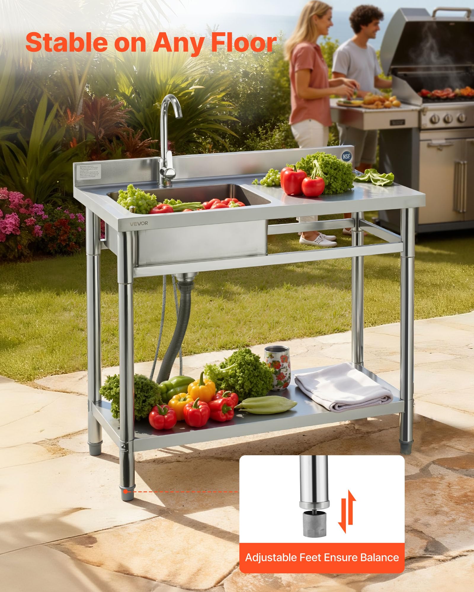 VEVOR Fregadero de Cocina Utilitario de Acero Inoxidable, con Cubeta Izquierda, Incluye Grifo y Tuberías para Agua Fría y Caliente, para Garaje, Restaurante, Lavandería, 100 x 50 x 94 cm, Plata