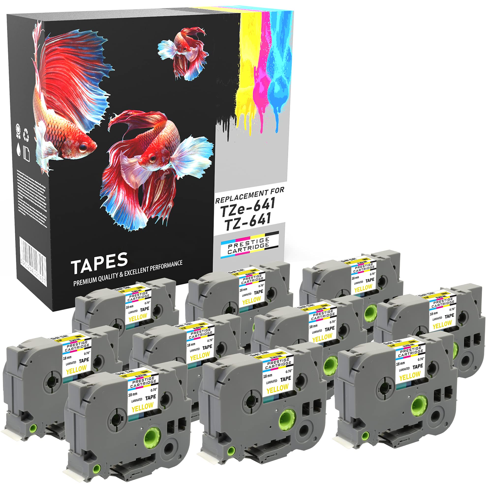 10 Compatible TZe-641 TZ-641 Black on Yellow 18mm x 8m Label Tapes for PT-2030VP 2430PC 3600 9600 D400 D400VP D450VP D600VP E300VP E550WVP H300 H500 H500LI P700 P750W Label Makers