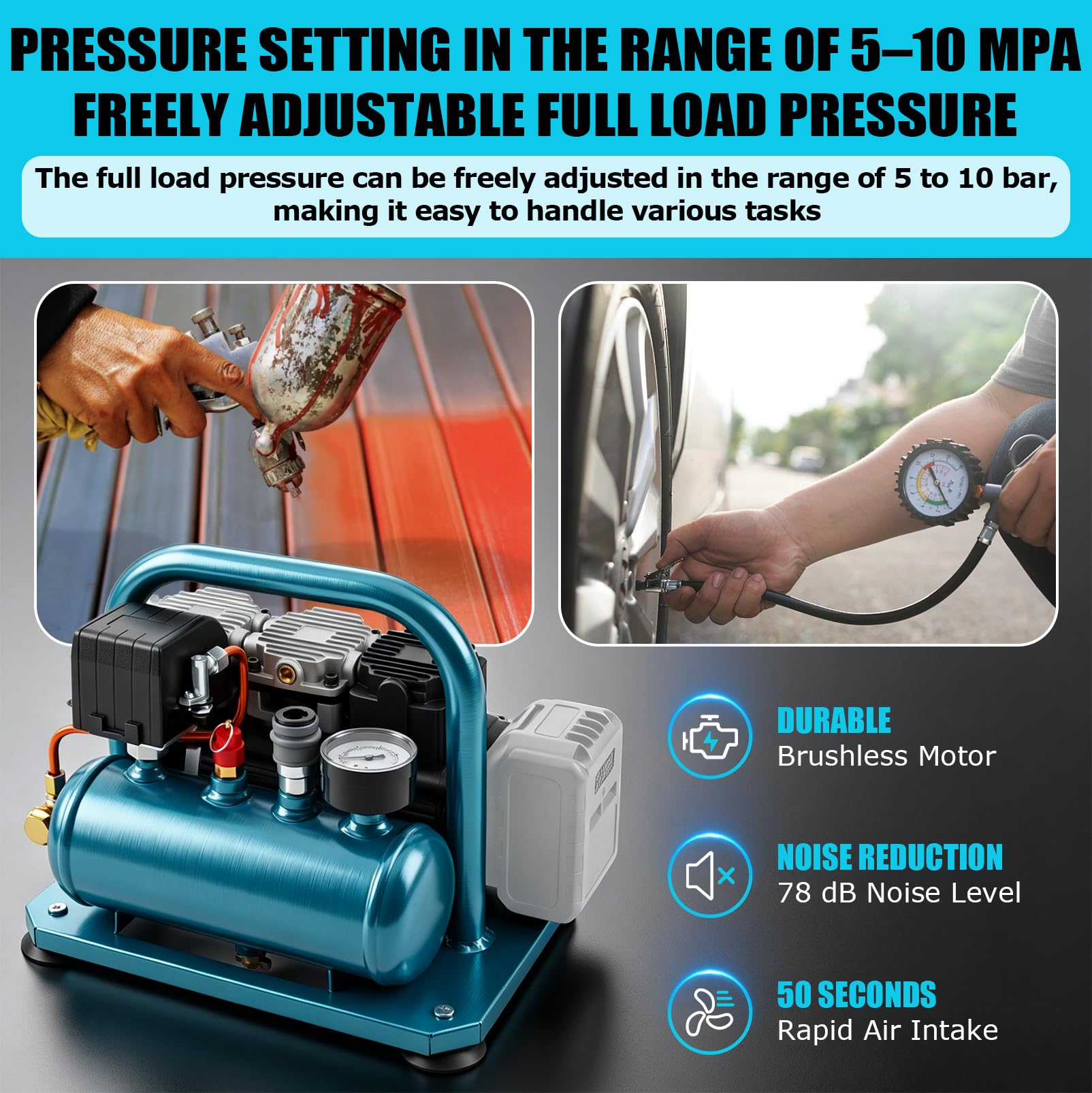 Compressore ad aria compressa a batteria, compatibile con batteria Makita | Compressore d'aria portatile silenzioso da 3 l, 8 bar, senza olio, pressione massima, capacità bombola di gas