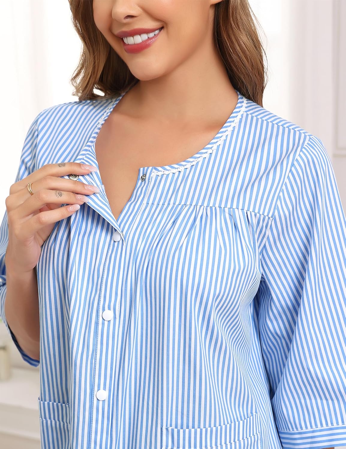 YOZLY Nightgowns for Women Cotton Snap Front Housecoat 3/4 Sleeve Housecoat with Pockets S-3XL - Image 6