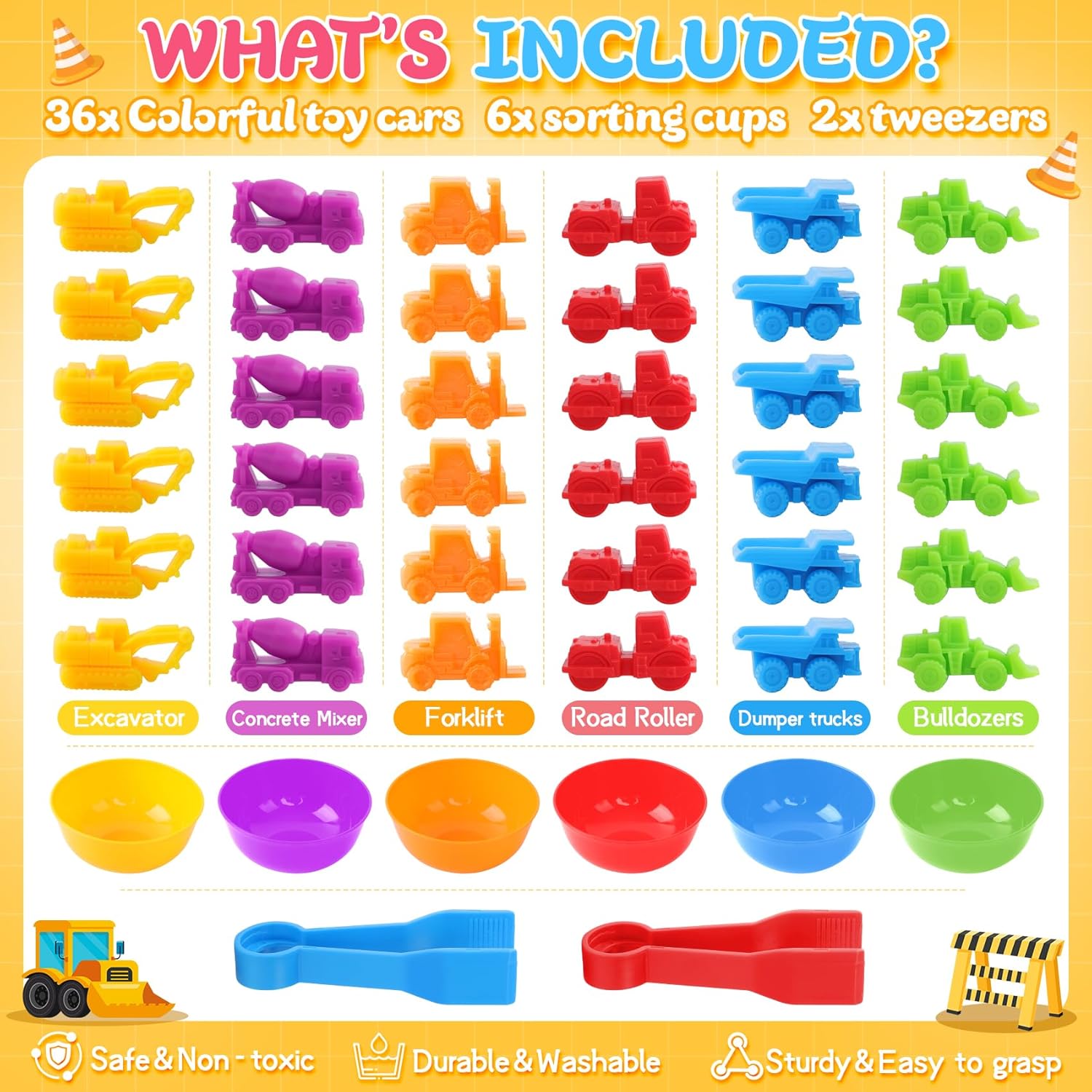 RAEQKS Counting Sorting Toys Matching Stacking Games with Bowls Sensory Preschool Learning Activities Educational Montessori Stacking Toy Gifts Sets for Kids Aged 3 4 5 Years Old Boys Girls Construction vehicles​ image 4 of 7 B0FBGBZBPP