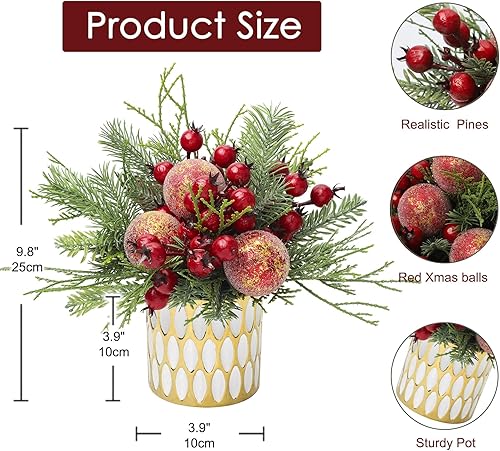 Miniatura 8 de Briful Árbol de Navidad de 9.8 pulgadas, pequeño arreglo de Navidad artificial en maceta con pino blanco nevado y magnolia flores de Navidad para