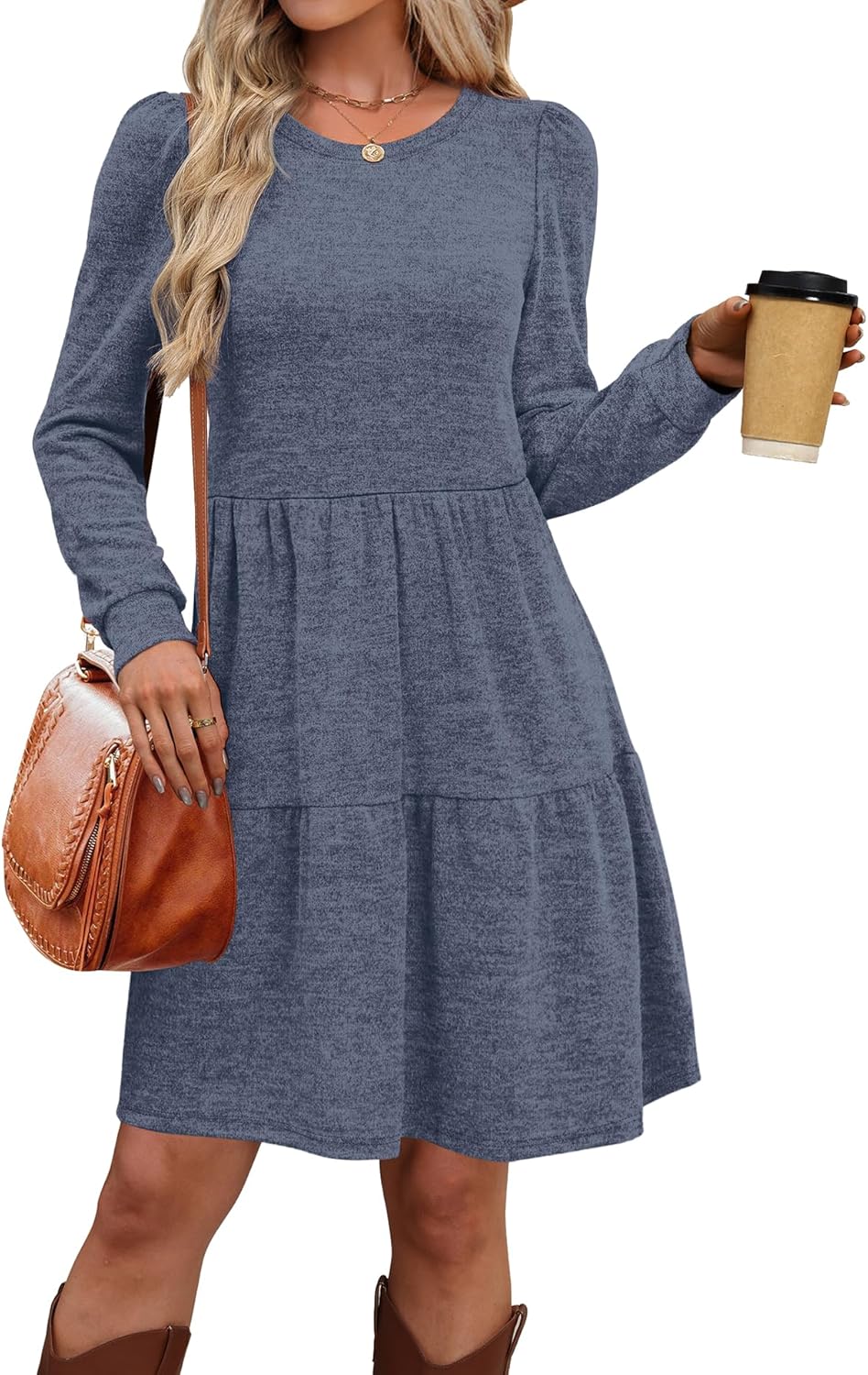OFEEFAN Womens Long Sleeve Fall Dresses with Pockets Crew Neck Babydoll Casual Winter Dress 2025 - Image 2