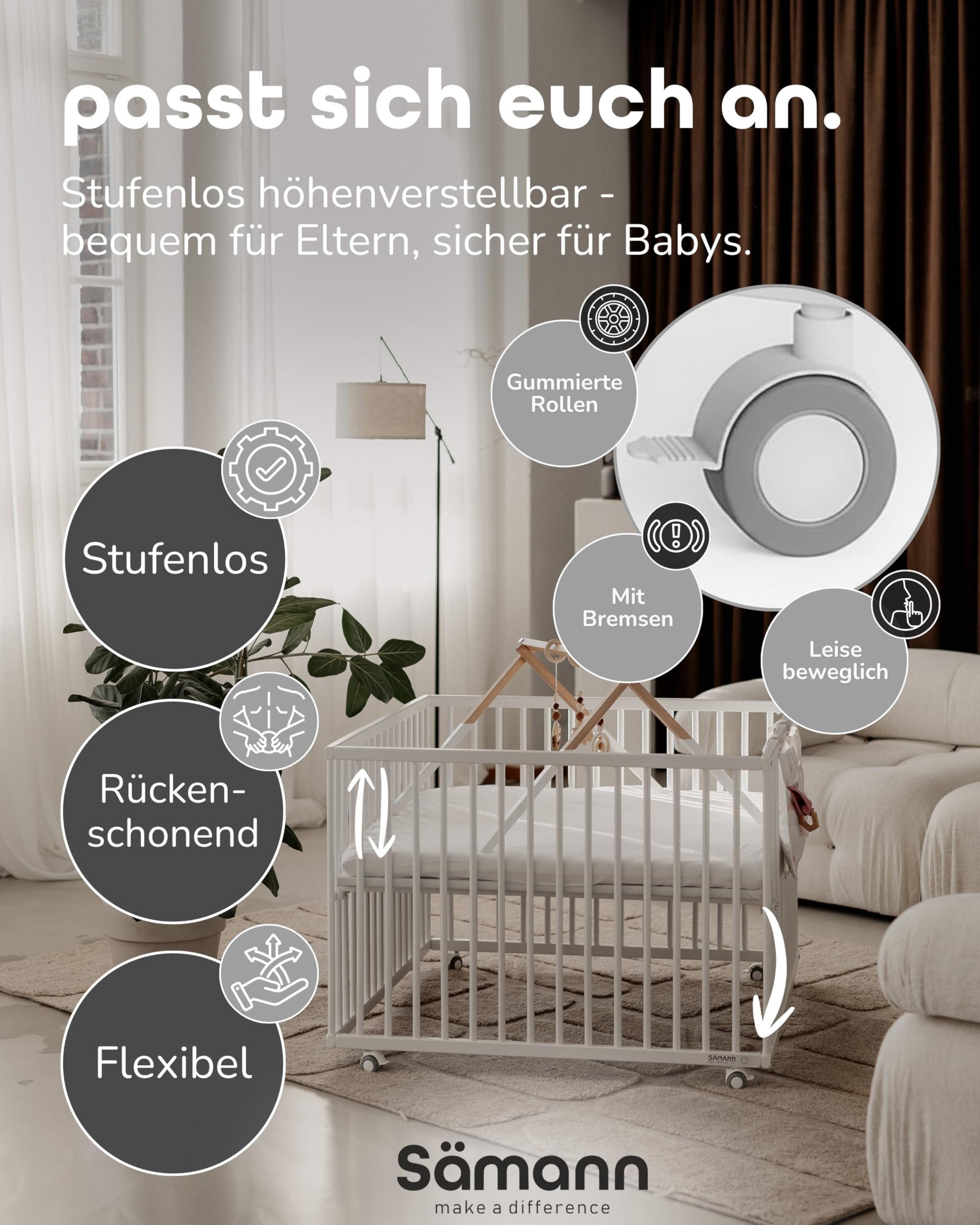 Sämann Laufstall Baby XXL 120x120 cm mit Matratze und Schlupfsprossen | TÜV geprüft | stufenlos höhenverstellbar | Laufgitter Premium | Babybett aus Holz | Krabbelgitter sahara dust/natur