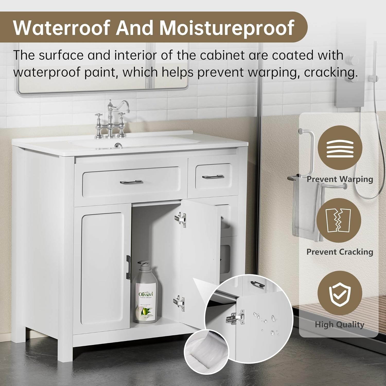 Findepot 36" Bathroom Vanity with Sink Combo Set, Solid Wood Frame Modern Bathroom Storage Cabinet with 2 Drawers, a Tip-Out Drawer and 2 Door, Soft Closing Cabinet Door with Organizer, White