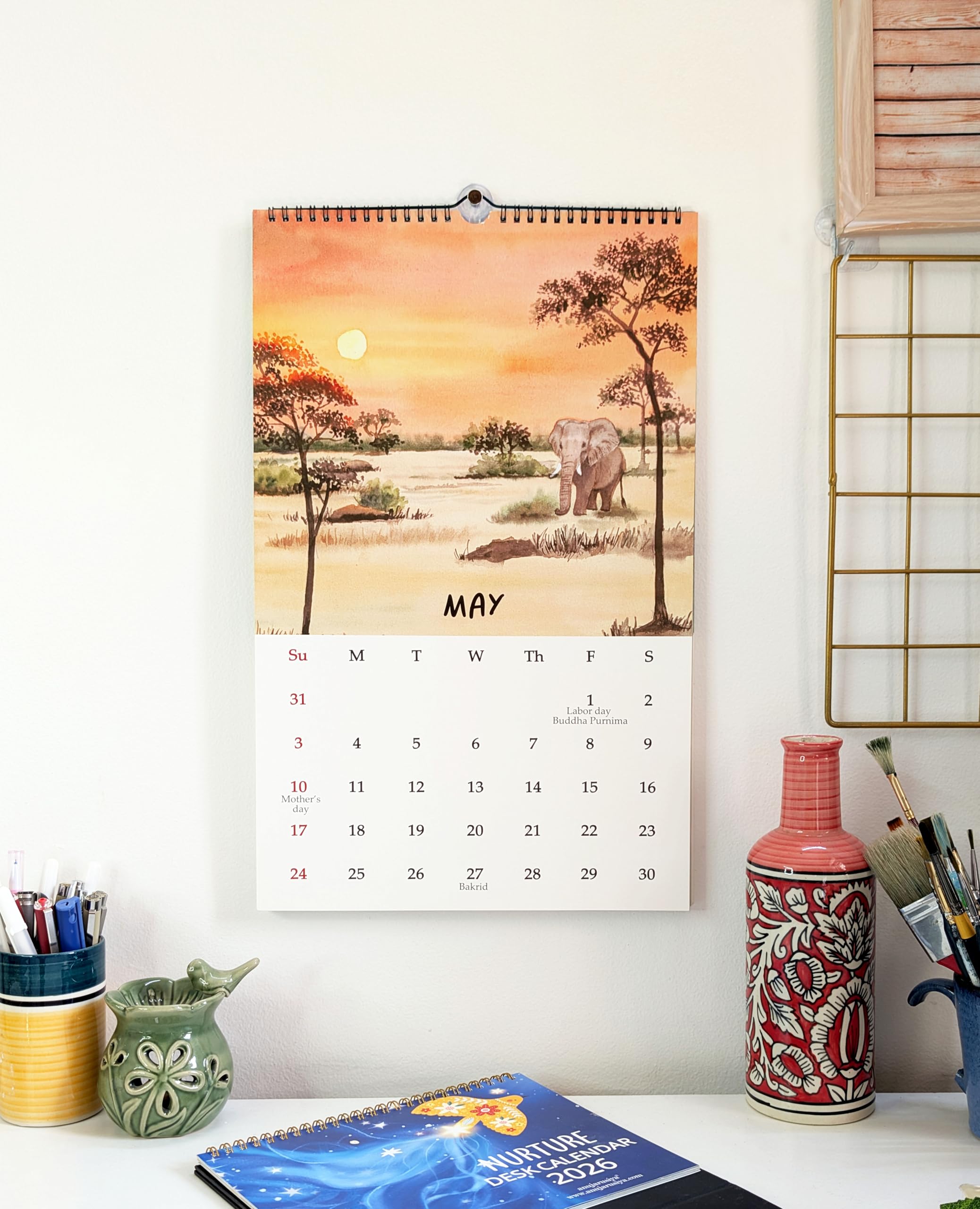 Anujarusiya Calendar 2026-2027 Wall Hanging | 11”X 17.5”| Wilderness Nature Watercolors Paintings Printed on 300 GSM Paper | Notes, Scheduling and Planning | Office and Home 2