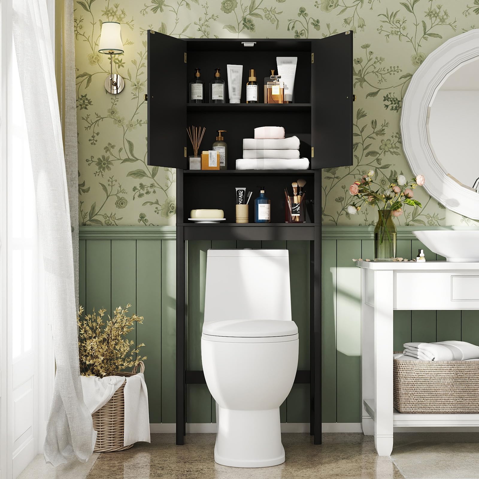COSTWAY Mueble sobre Inodoro, Mueble de Baño con Puertas Acanaladas, Estante Ajustable en 3 Posiciones y Barra Inferior Ajustable en 3 Niveles,Armario Alto sobre el Inodoro con Almacenamiento (Negro)