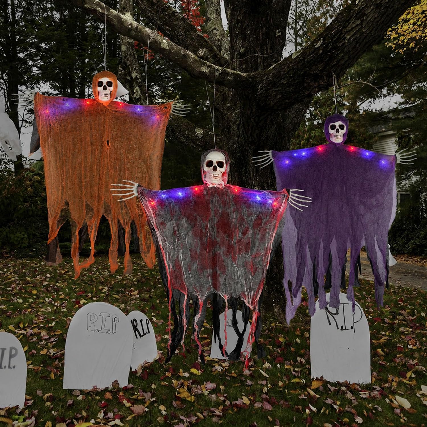 Hanging Halloween Decorations Outdoor Skeleton Ghost With 8 Modes Lights, Halloween Lighted Skeleton Ghost Set, 3 Pack 80cm Ghosts Haloween Decor,Bloody Specter for Door Outside Halloween Party Decor