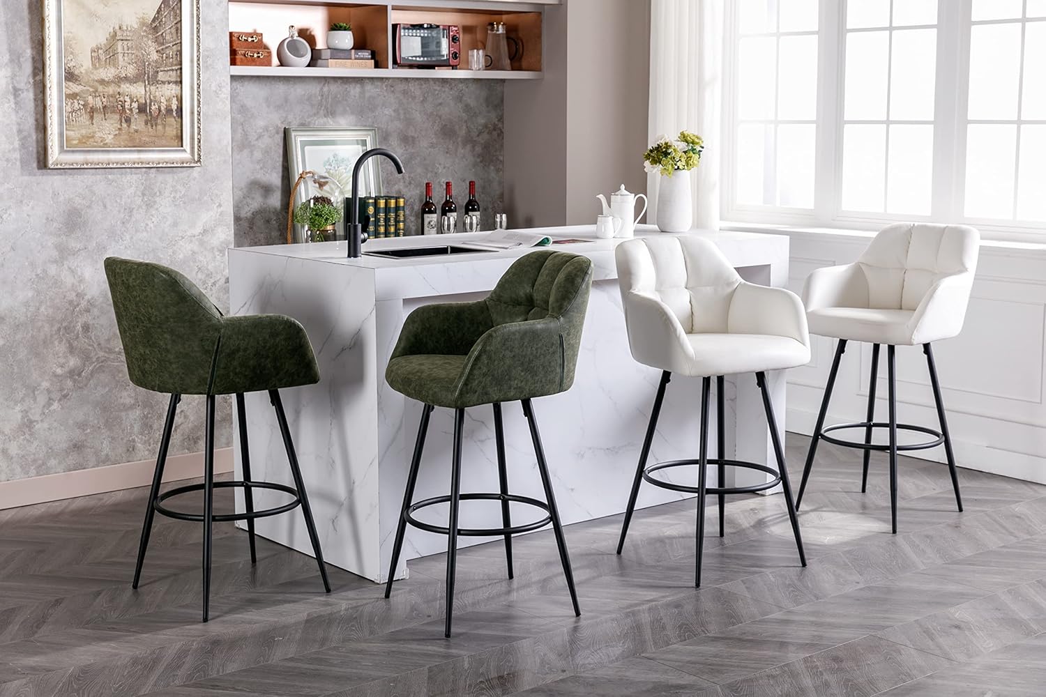 BESTANO Modern 30" Bar Stools Set of 2 with Back, Faux Leather Upholstered Counter Height Barstools Kitchen Counter Island Stools with Metal Footrest for Kitchen Island, Green