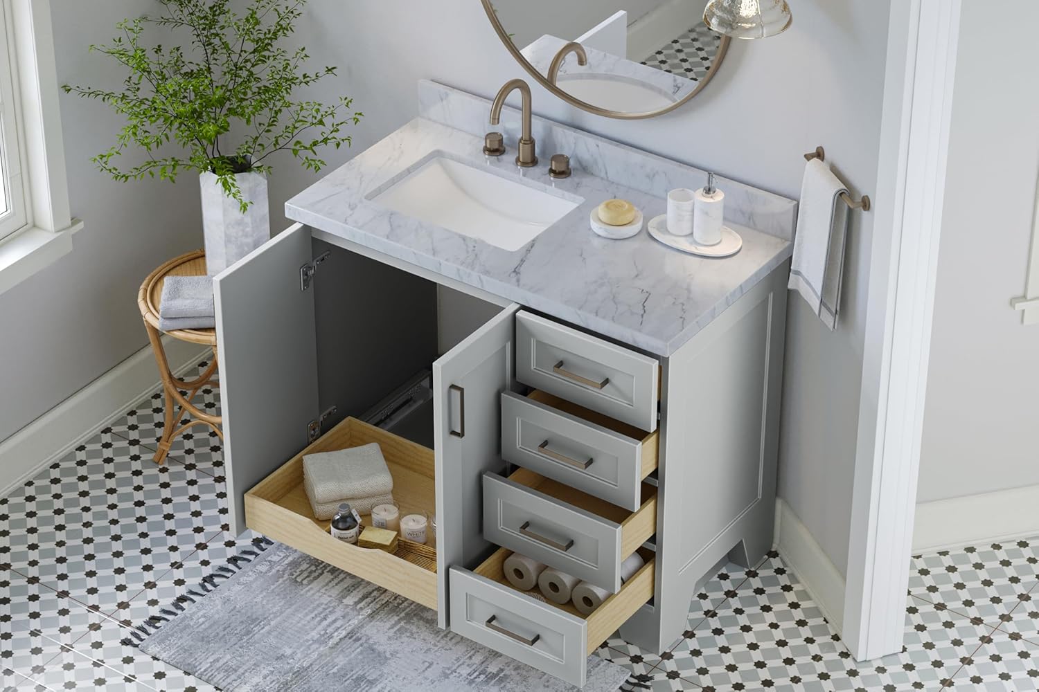 ARIEL 37" Grey Bathroom Vanity, 1.5" Edge Italian Carrara Marble Countertop & Splash, Rectangular Sink, 2 Soft Closing Doors, 5 Full Extension Dovetail Drawers, Toe Kick, Brushed Nickel