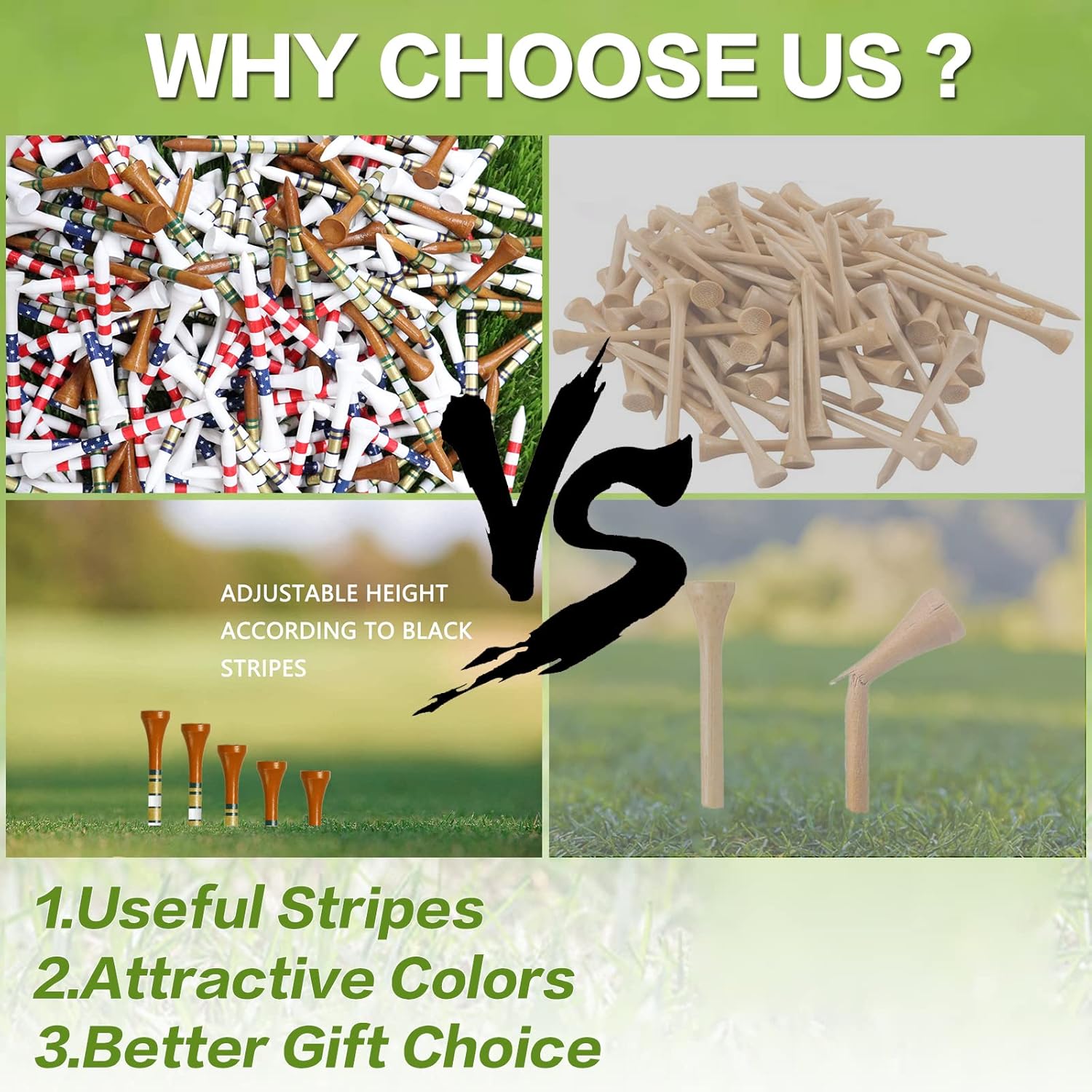 Golf Tees Wood 3 1/4 2 3/4 Inch Value 500/1000 Pack with Bright Colors & Consistent Height, High Visibility with Gold Stripes for Course Practice