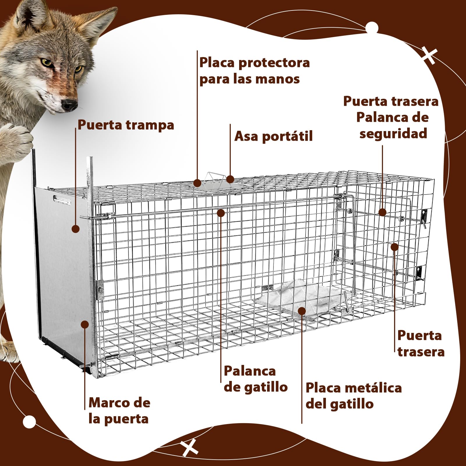 Jaula Plegable Grande para Animales 145×48×54 cm | Jaula plegable para la captura de animales, apta para perros de gran tamaño, zorros, coyotes y linces