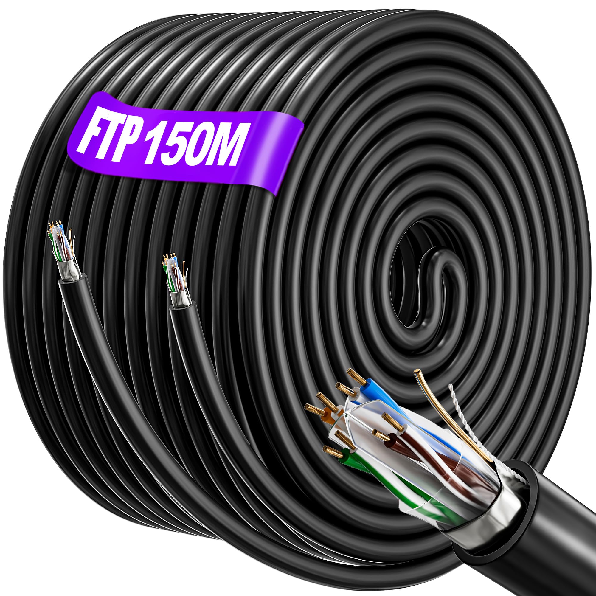 Cable Ethernet 150m,RJ45 Câble 150m Blindé Câble Réseau Exterieur Intérieur | AWG23 FTP CCA, Anti-Interférence, Lgnifuge, Exterieur Etanche, Haut Debi Gigabit CAT 6 | (Noir, 150 mètres)