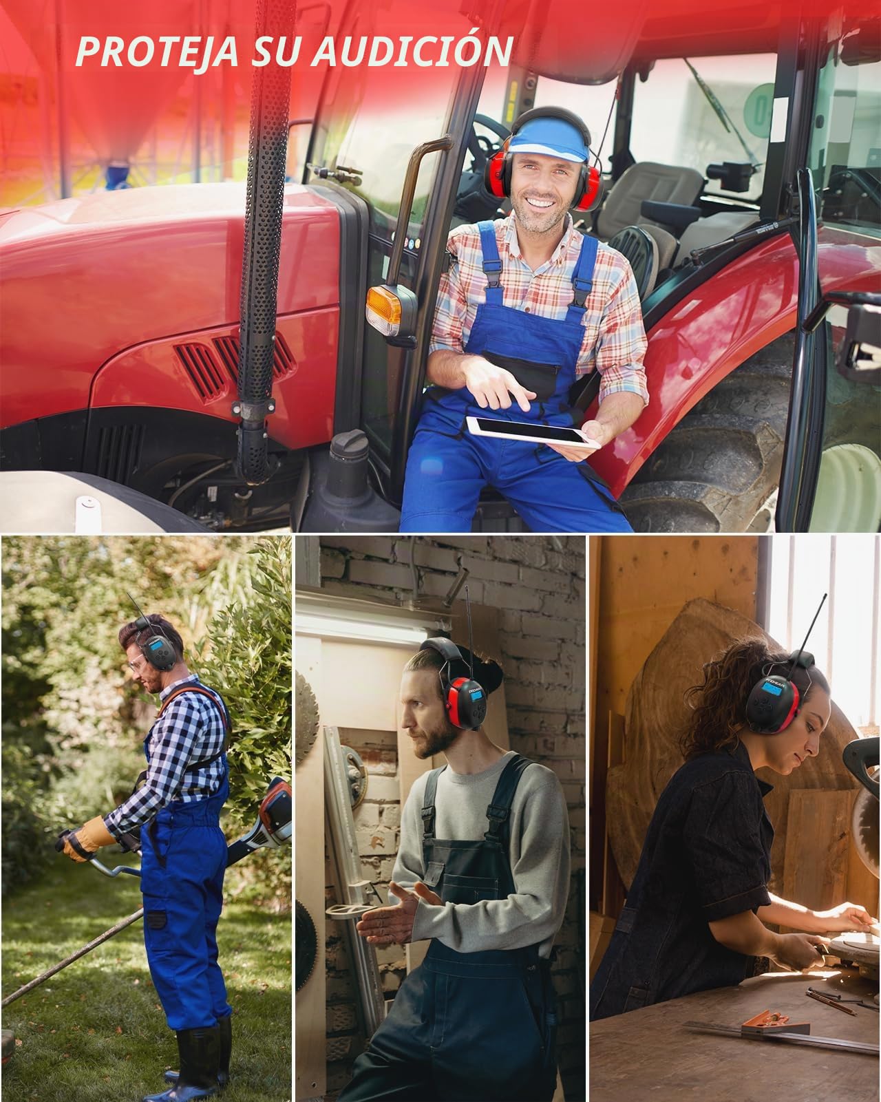 PROHEAR 033A Cascos Antiruido Bluetooth, Protección Auditiva con Radio FM/AM y Micrófono Integrado,USB-C Recargable Orejera,Cascos Insonorizacion para Césped Talleres Carpinteros,SNR 31dB-Rojo