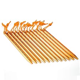 Aluminum Alloy Tent Stakes Pegs, 12-Pack Aluminum Ground Pegs with Reflective Pull Ropes, Lightweight Metal Stakes Pegs for Camping Tents Hammocks (Orange)