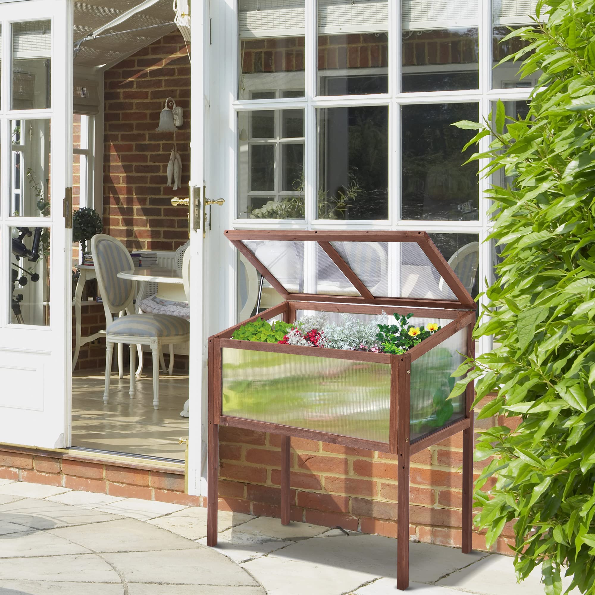 Outsunny Mini Serra da Giardino Letto per Orto Rialzato per Piante Struttura in Legno e Policarbonato con Tetto Apribile e Inclinato, 90x50x93cm