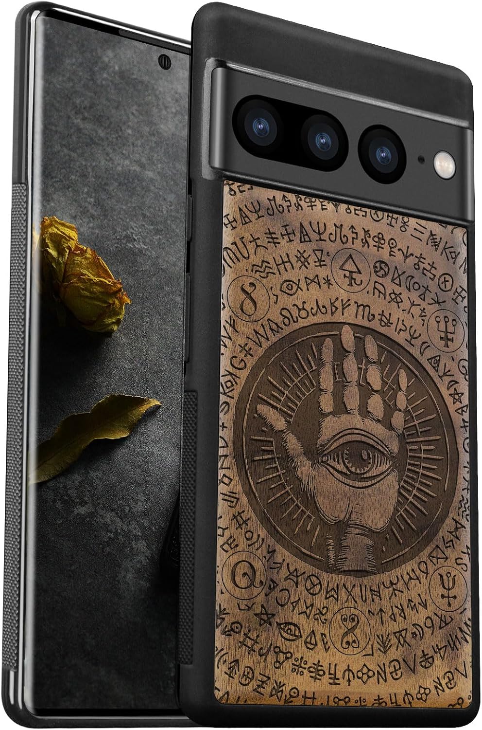 Carveit Wood Case for Pixel 7 Pro Case [Natural Wood & Black Soft TPU] Shockproof Protective Unique & Classy Wooden Cover Compatible with Google Pixel 7 Pro (Maya Totem-Blackwood)
