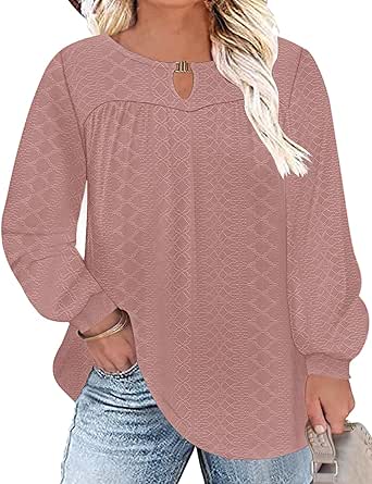 TFSDOD Women Plus Size Tops Long Sleeve Shirts V Neck Pleated Keyhole Blouse Loose Work Tunic Tee 1X-5X
