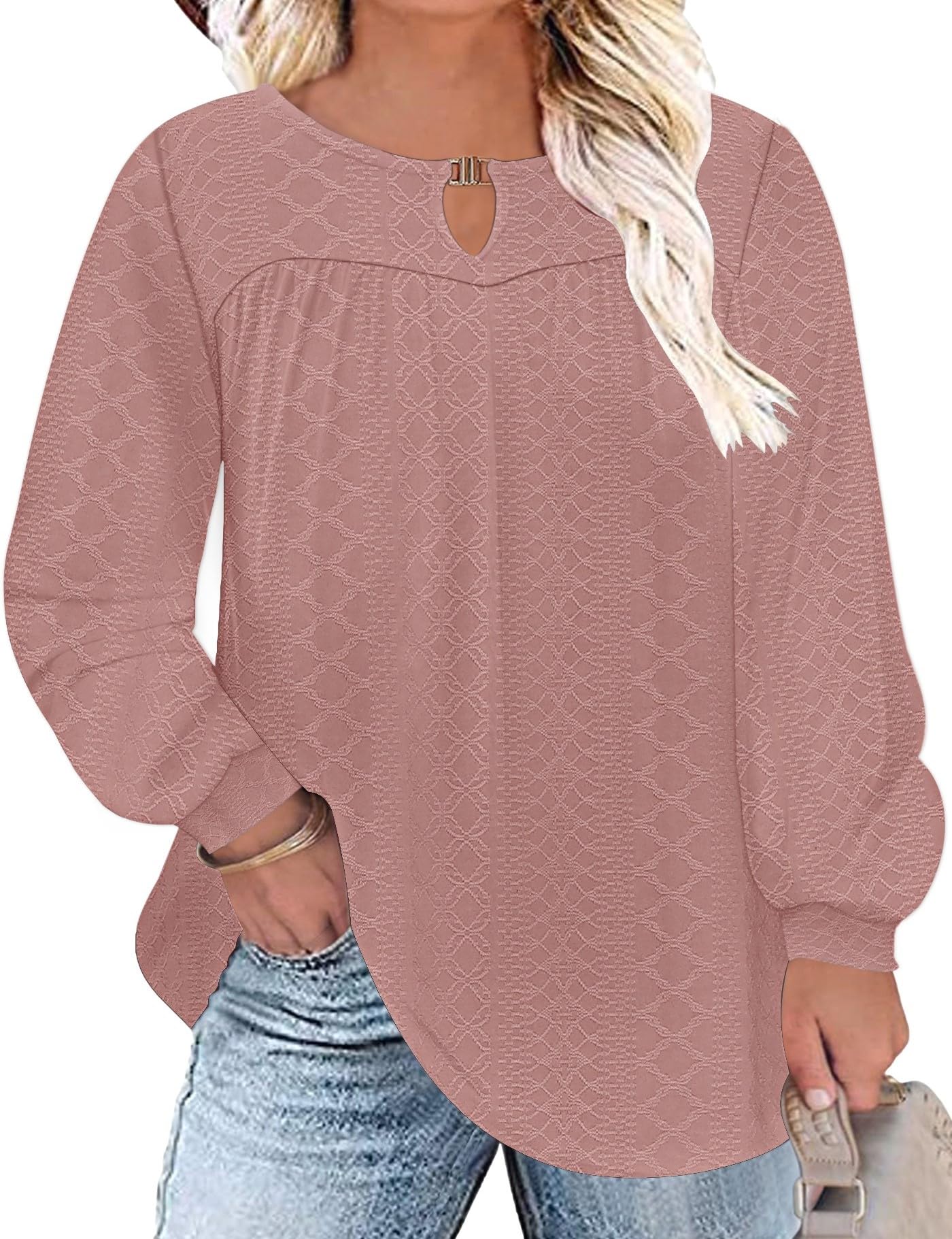 TFSDOD Women Plus Size Tops Long Sleeve Shirts V Neck Pleated Keyhole Blouse Loose Work Tunic Tee 1X-5X