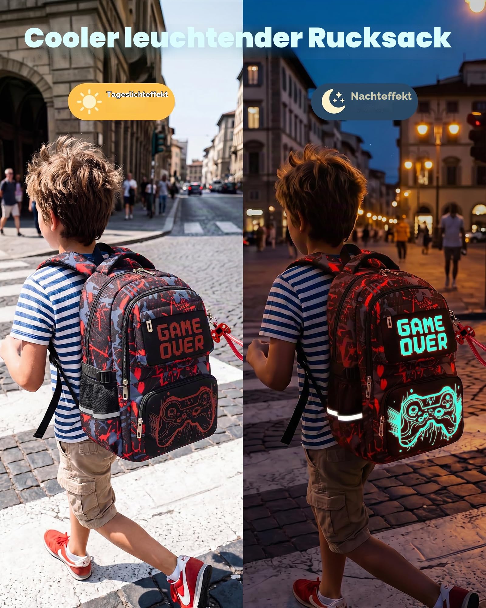 Amythe Trolley-Rucksack Jungen Kinder 8-12 Jahre mit 6 Räder, Blau | Nachtleuchtend Wasserdicht Reflektierend Leicht Blau Daypack Multitasche Geräumig Robust für Schule Reisen Wandern Freizeit