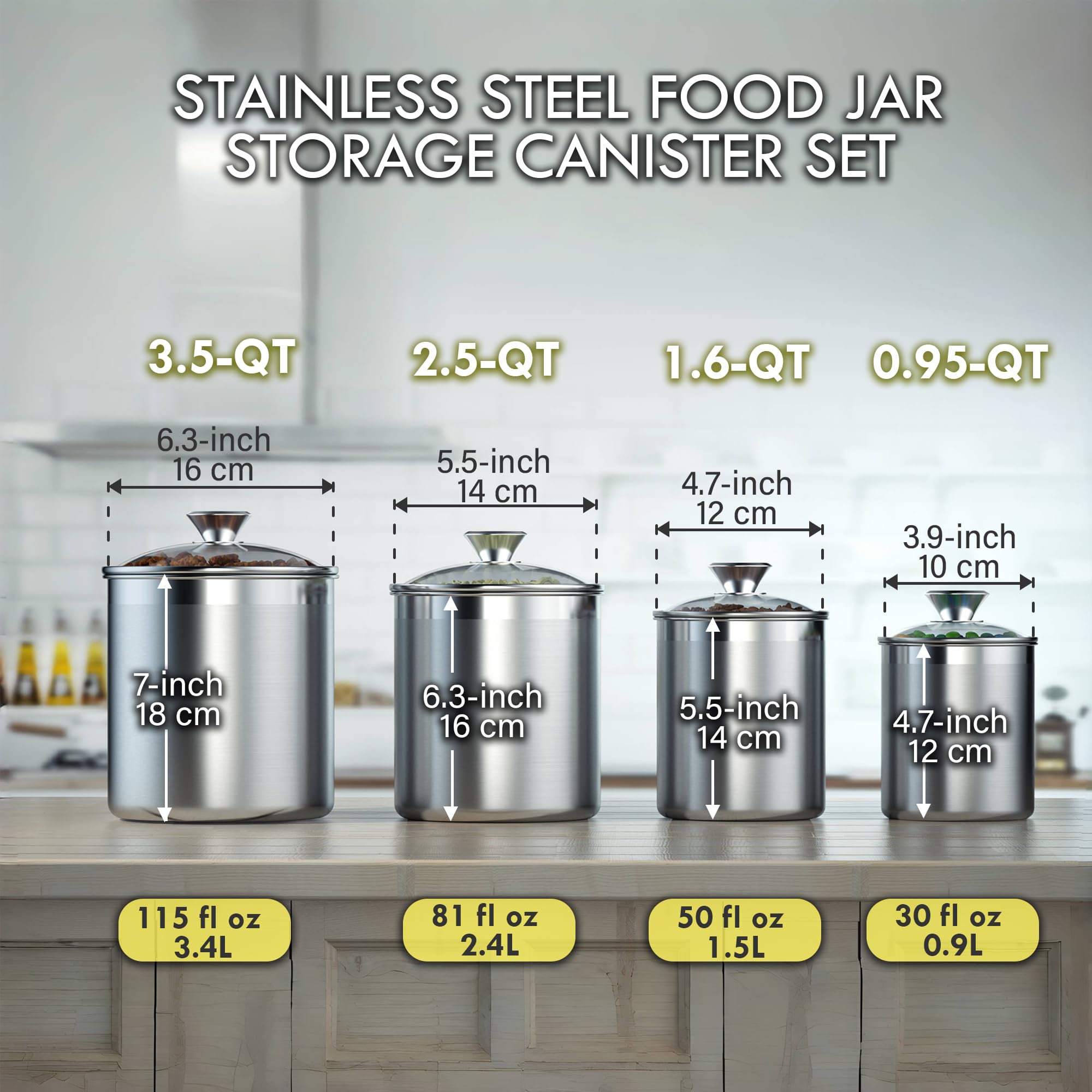 Cooks Standard Vorratsdosen-Set aus Edelstahl, mittelgroß, 4-teilig, 0,95 qt/1,6 qt/2,5 qt/3,5 qt, luftdichte Behälter mit Glasdeckel für Tee, Kaffee, Zucker, Mehl