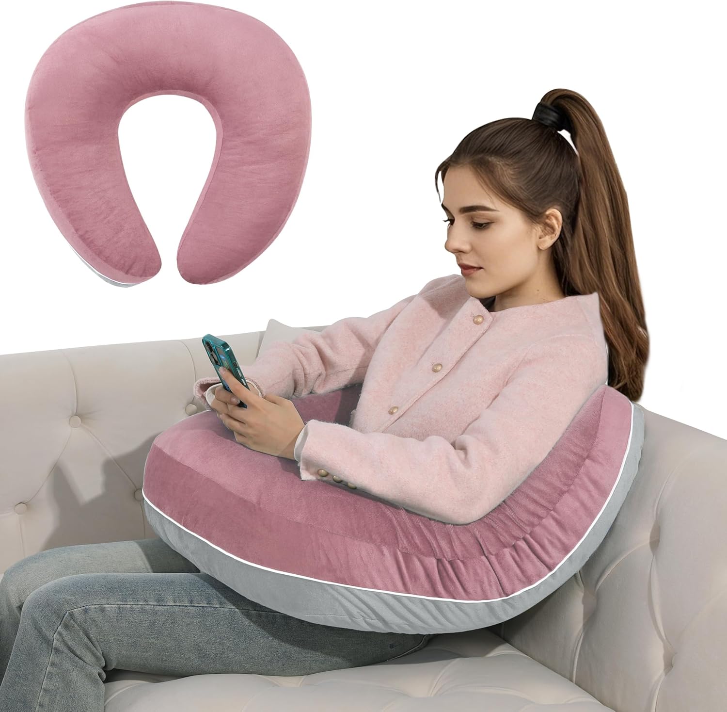 HOMBYS C-Shaped Crochet Lap Pillow for Reading, Gaming & Crocheting - Ergonomic Arm Support, Soft Lap Desk Pillow (Dusty Pink/Light Grey)