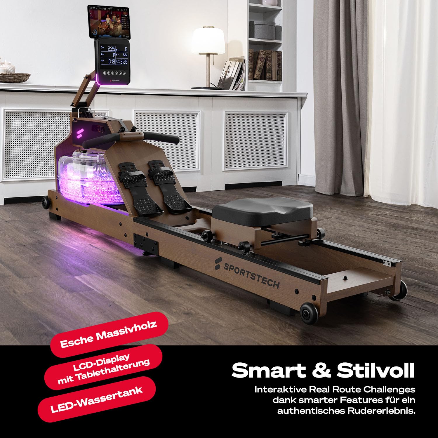 Sportstech Premium Rudergerät Wasser für Zuhause, Rudermaschine mit LED-Wassertank, Water Rower klappbar, Deutsches Qualitätsunternehmen, App mit Workout Kursen+ Tablethalterung, Massivholz, WRX1000