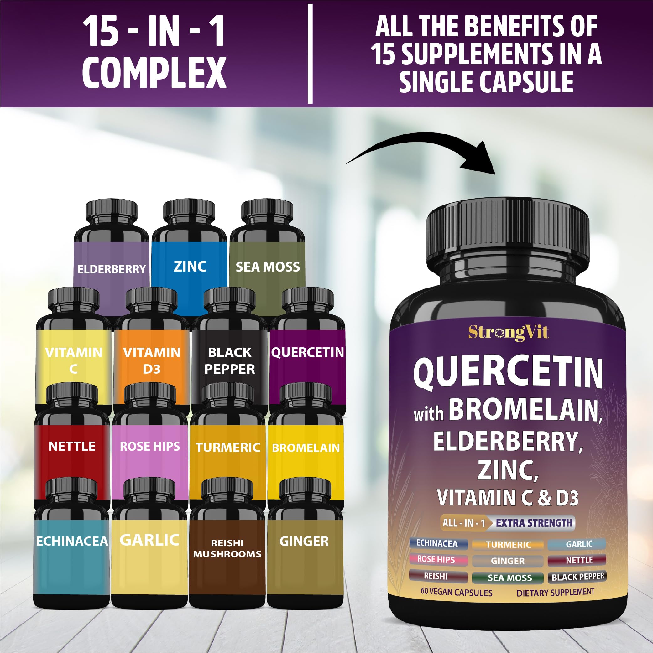 StrongVit Quercetin with Bromelain, Elderberry, Vitamin C, D3-60 Caps — Amazon image 6