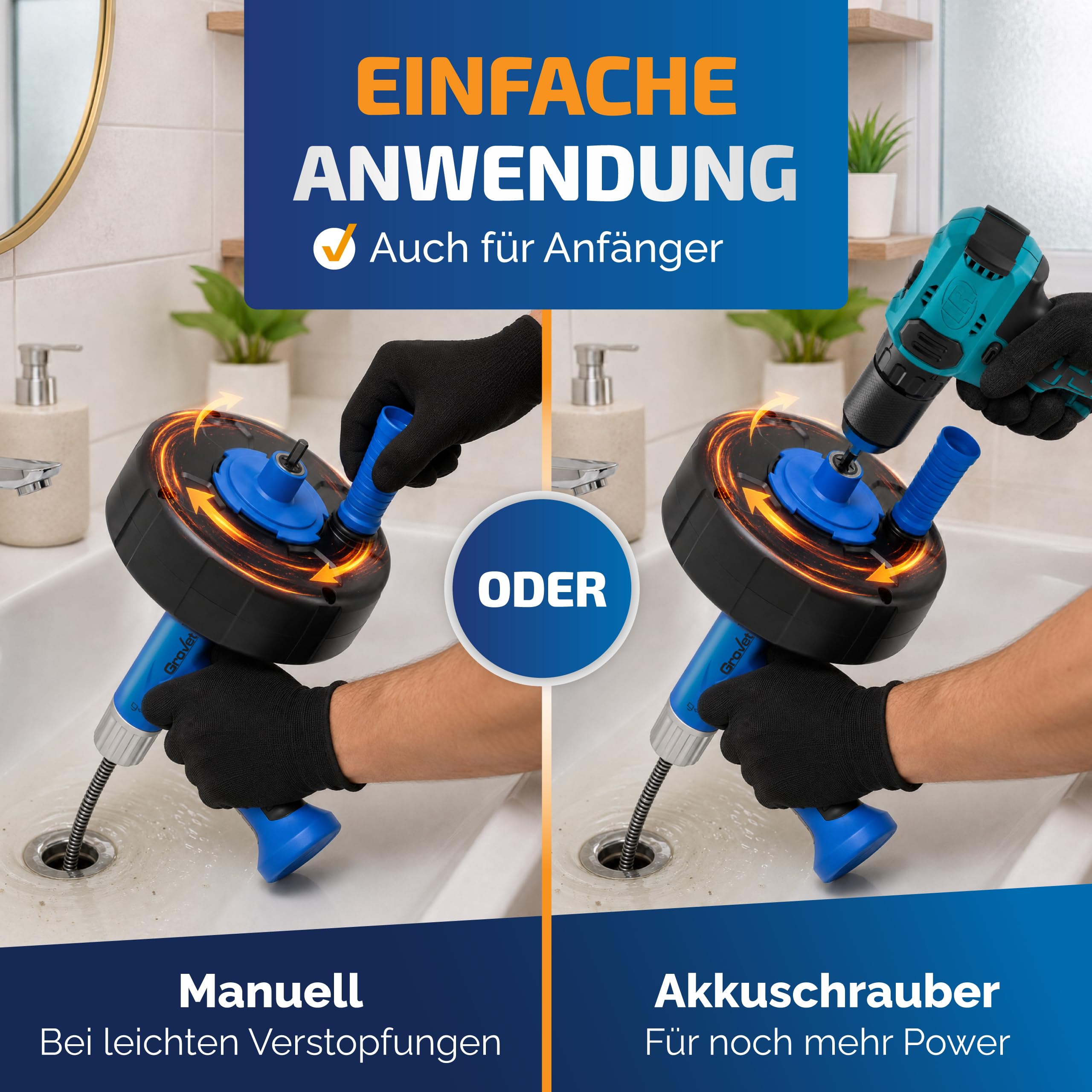 Rohrreinigungsspirale - 7,5m - Mit Bohraufsatz - Abflussreiniger spirale - Extra starke Federstahlspirale für Küche, Bad & Dusche