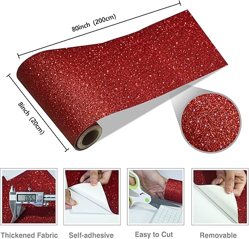 Miniatura 6 de CRE8TIVE Papel tapiz rojo con purpurina para despegar y pegar, tela de borde de pared brillante con purpurina roja, autoadhesivo, extraíble, borde