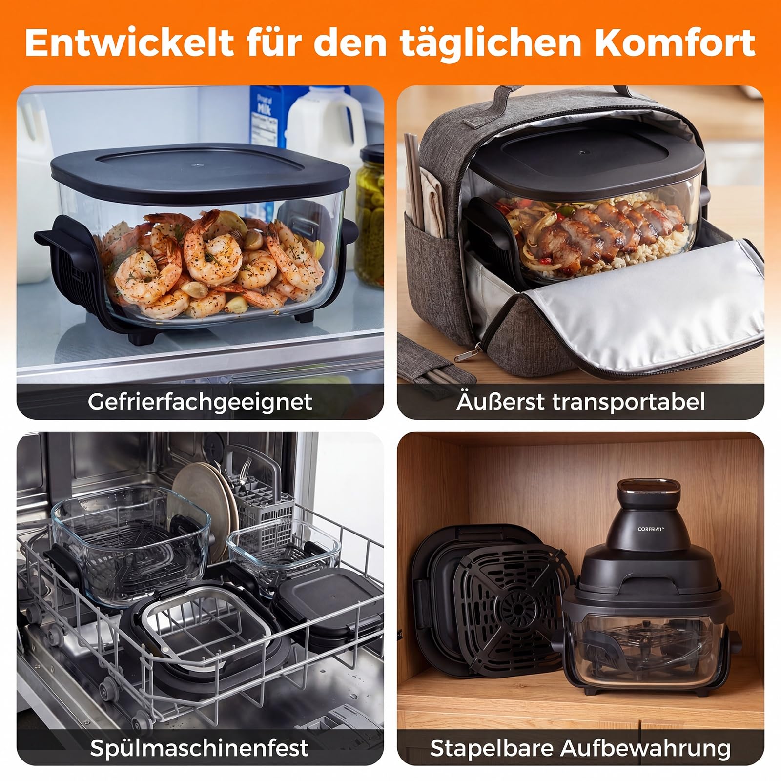 COSTWAY Przenośna frytkownica Air Fryer 4 l / 1,7 l, Airfryer 6 w 1, 1500 W, smażenie na gorącym powietrzu i pieczenie, frytkownica na gorące powietrze z 2 wyjmowanymi szklanymi pojemnikami i