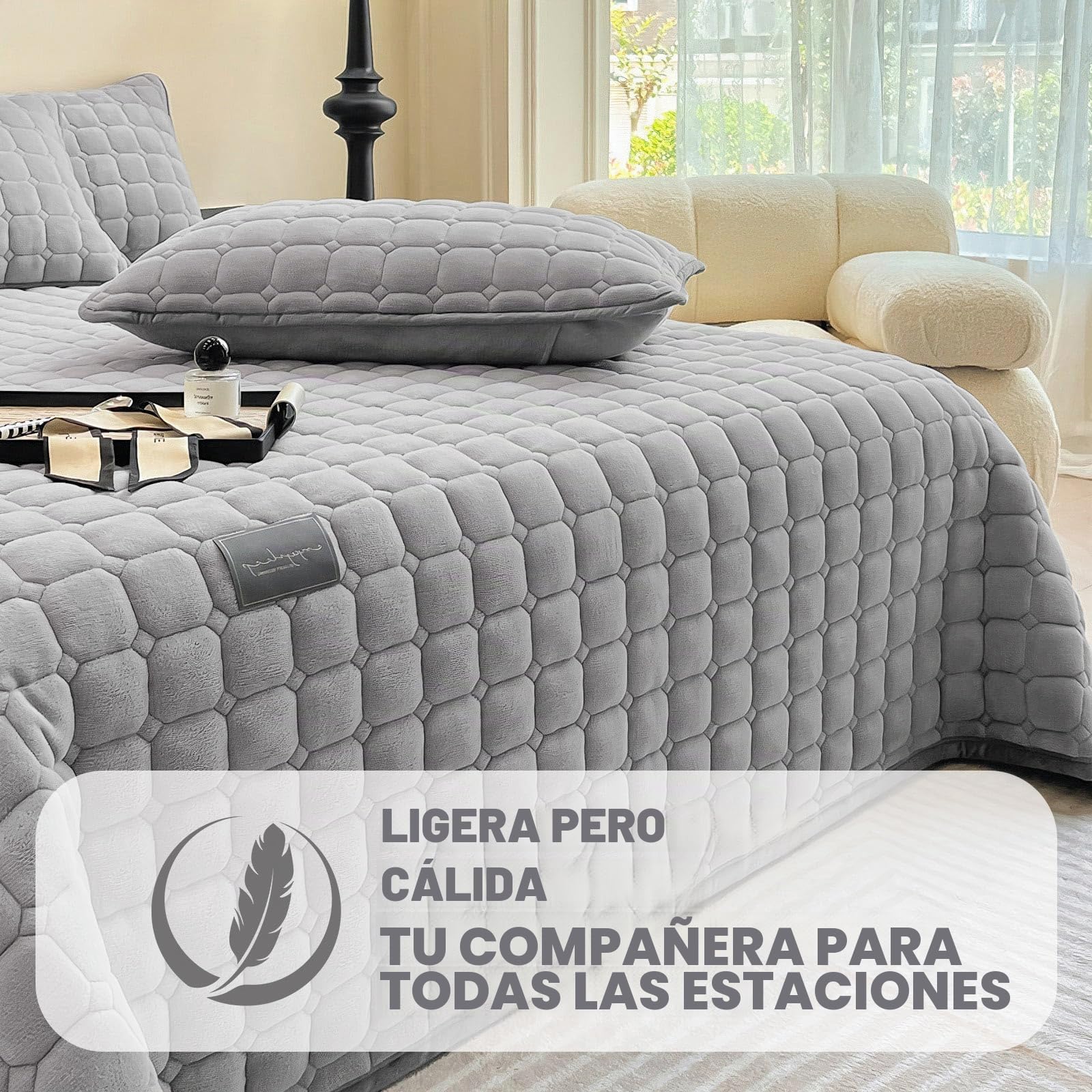 Extra Grande Edredón Cubrecama: Cubierta Versátil de Estilo Acolchado de Terciopelo de Leche 3 piezas 230 X 250 Cm con 2 Fundas de Almohada 50 X 70 Cm, para Dormitorio o Sala de Estar (Gris Claro)