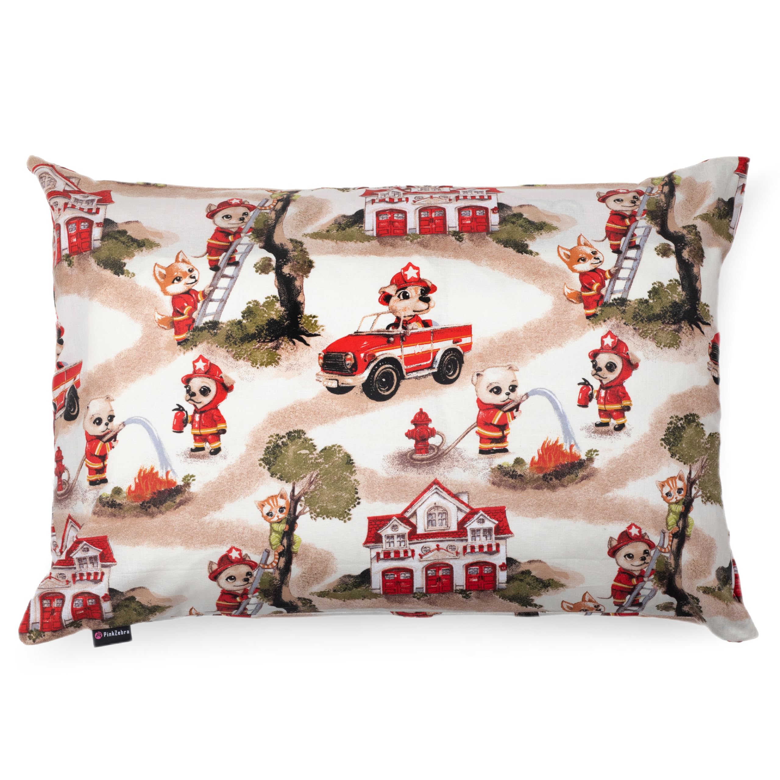 PinkZebra 30 x 50 cm Kopfkissenbezug, Kissenbezug aus 100% Baumwolle, Kissenhülle, Öko-tex Standard 100, Kinderbezüge mit Reißverschluss, Feuerwehr Tiere