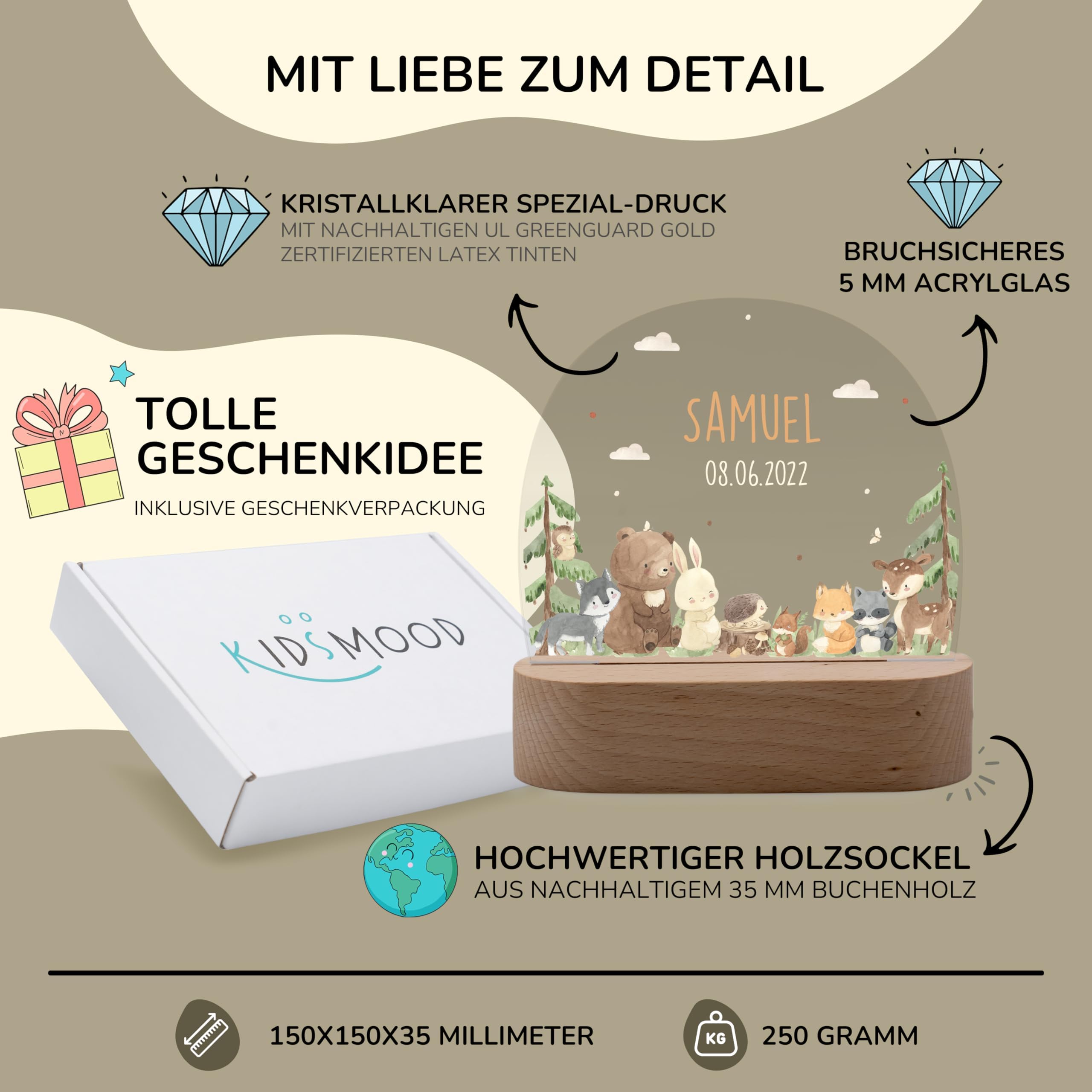 Kidsmood - Individualisiertes Nachtlicht für Babys - Dimmbare LED Nachtlampe für Kinder-Zimmer - Nachttischlampe als personalisierte Geschenke Kinder, Baby-Geschenk zur Geburt [Bär, Hase & Waltdiere]