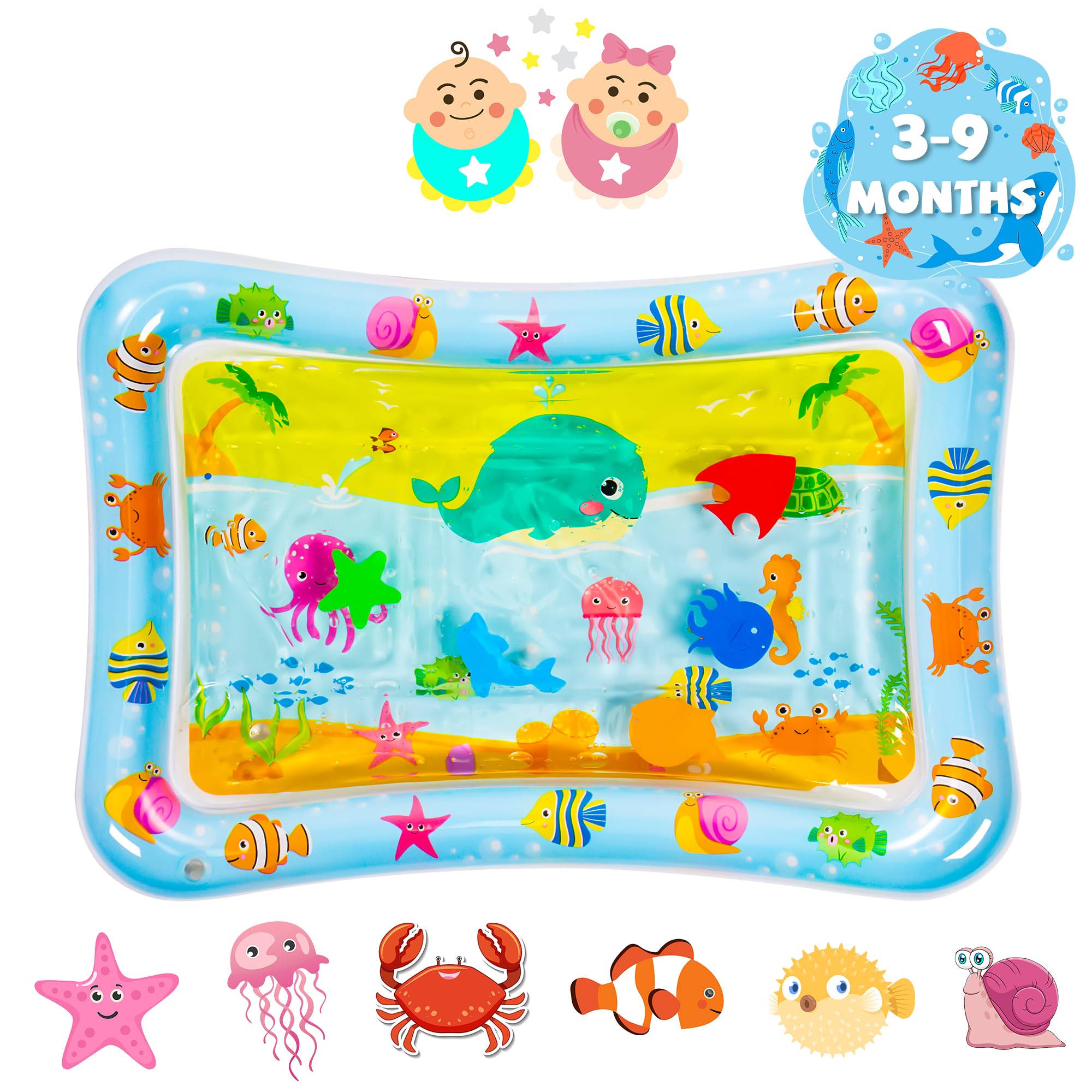 Jestilo Tummy Time Water Mat for Baby, Inflatable, Infant and Toddler Baby Play Mat Sensory Toy for Early Development Activities, Age 3 to 12 Months (Light Blue, Fishes)