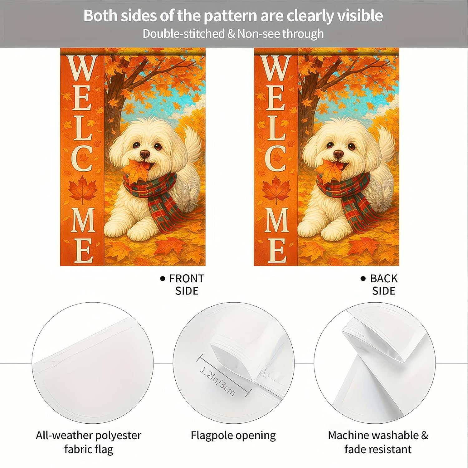 Thanksgiving Fall Garden Flag 12x18 Inch Welcome Bichon Frise Dog Outdoor Flag Double Sided Autumn Puppy Yard Banner with Plaid Scarf and Leaves Decor for Porch Lawn Patio - Image 7