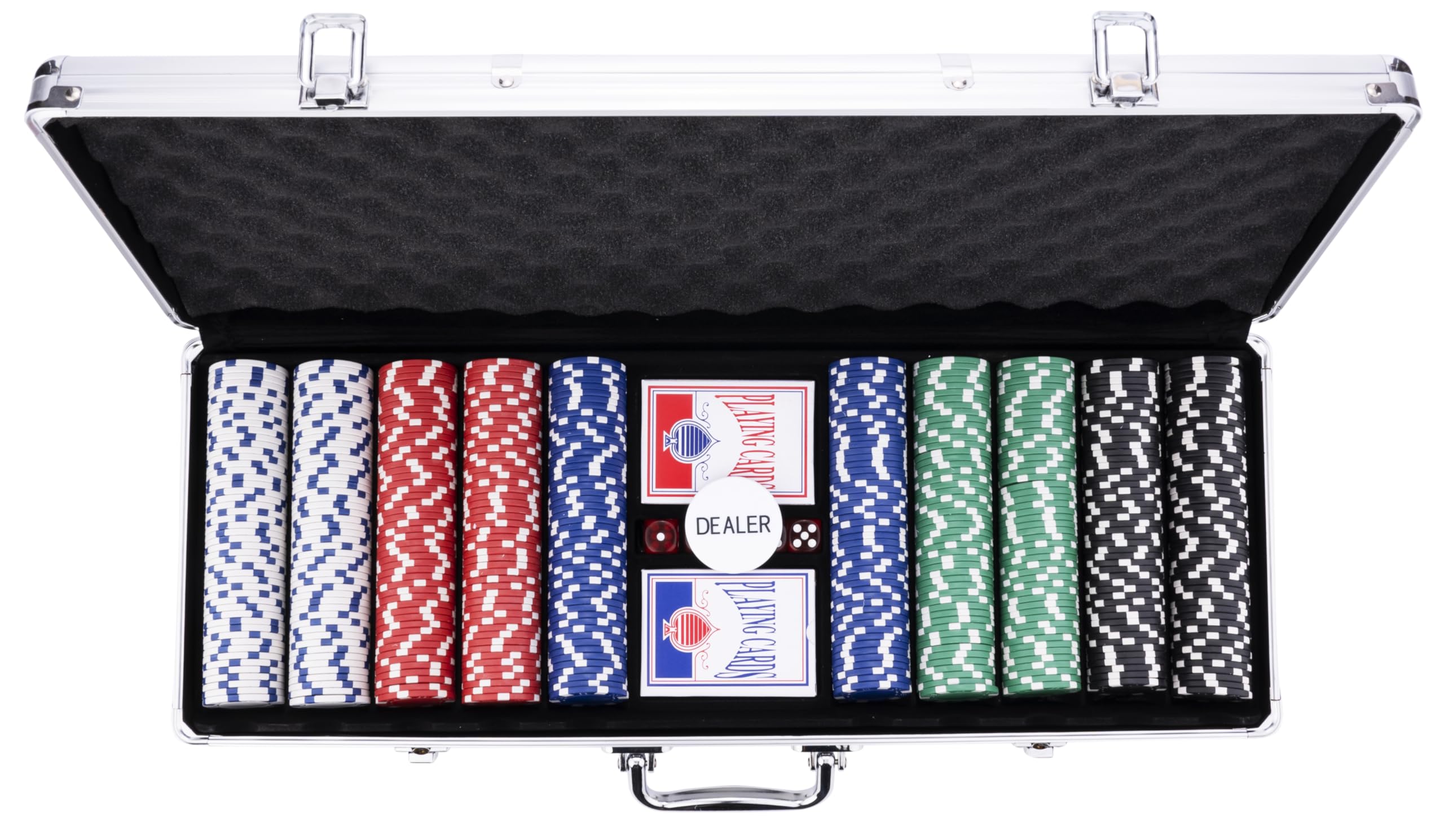 Engelhart - 320915 – Poker-Set – Koffer aus versilbertem Metall – 500 Chips 11,5 g ohne Nummer + 2 Kartenspiele, 1 Croupier-Knopf, 5 Würfel - 3